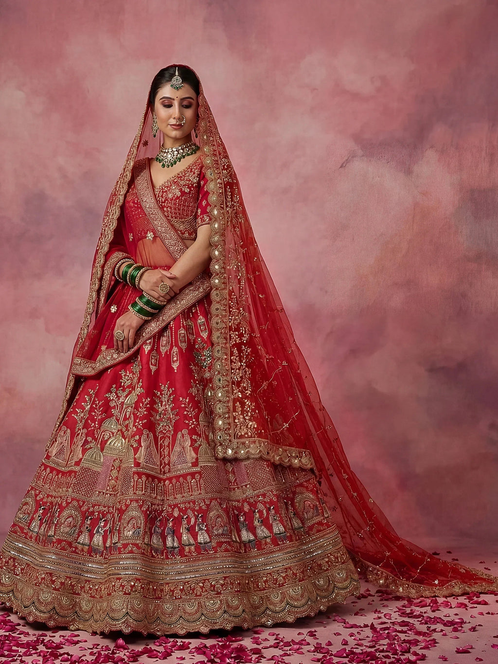 Red Graceful Embroidered Silk Bridal Lehenga Choli With Double Dupatta