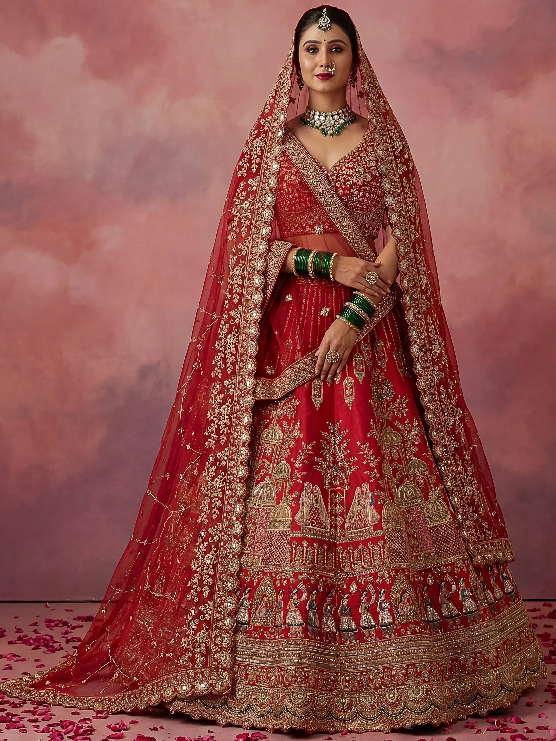 Red Graceful Embroidered Silk Bridal Lehenga Choli With Double Dupatta