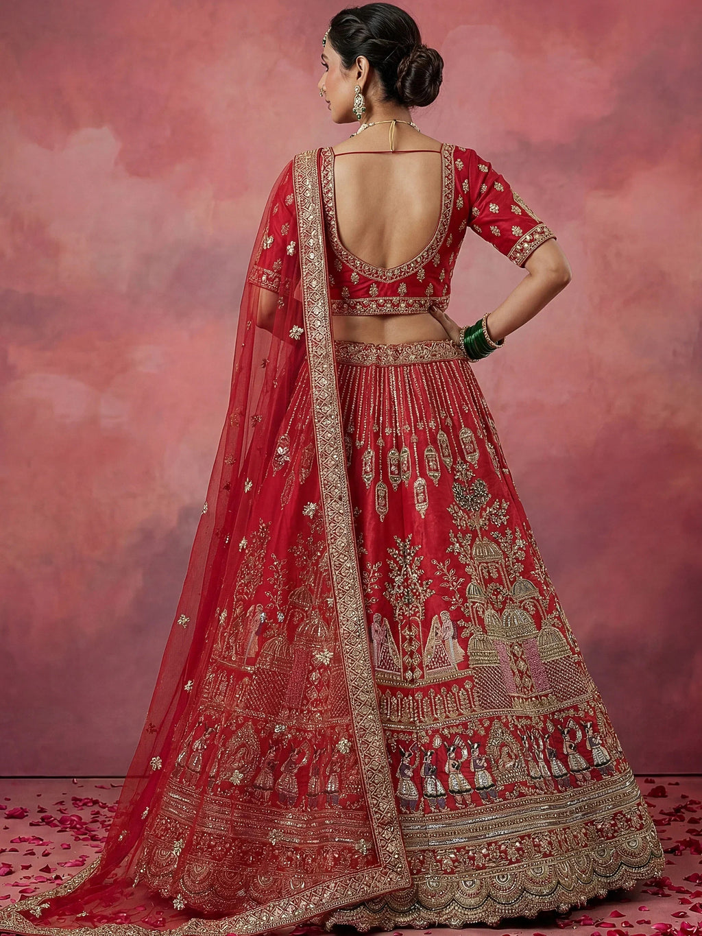 Red Graceful Embroidered Silk Bridal Lehenga Choli With Double Dupatta