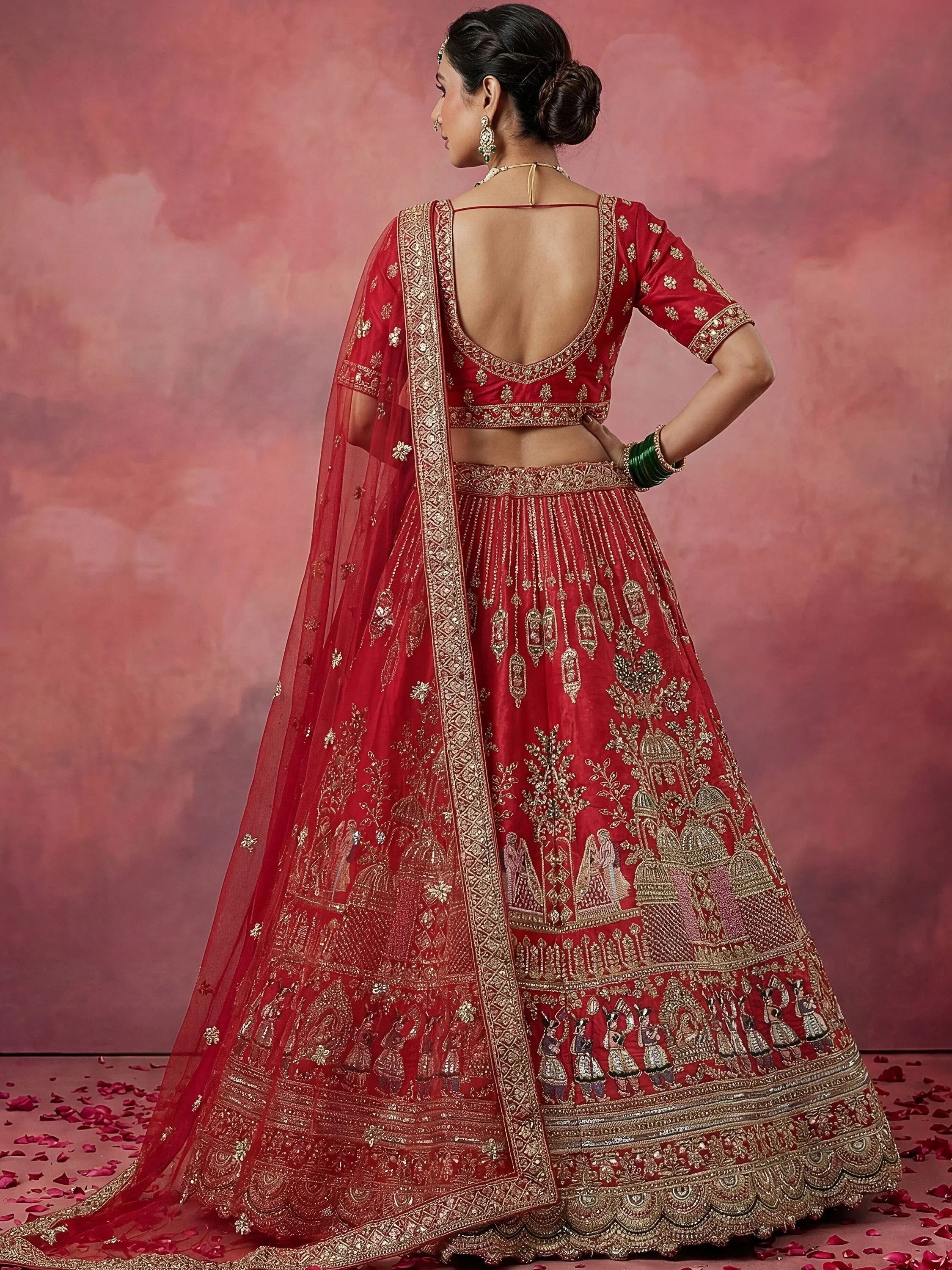Red Graceful Embroidered Silk Bridal Lehenga Choli With Double Dupatta