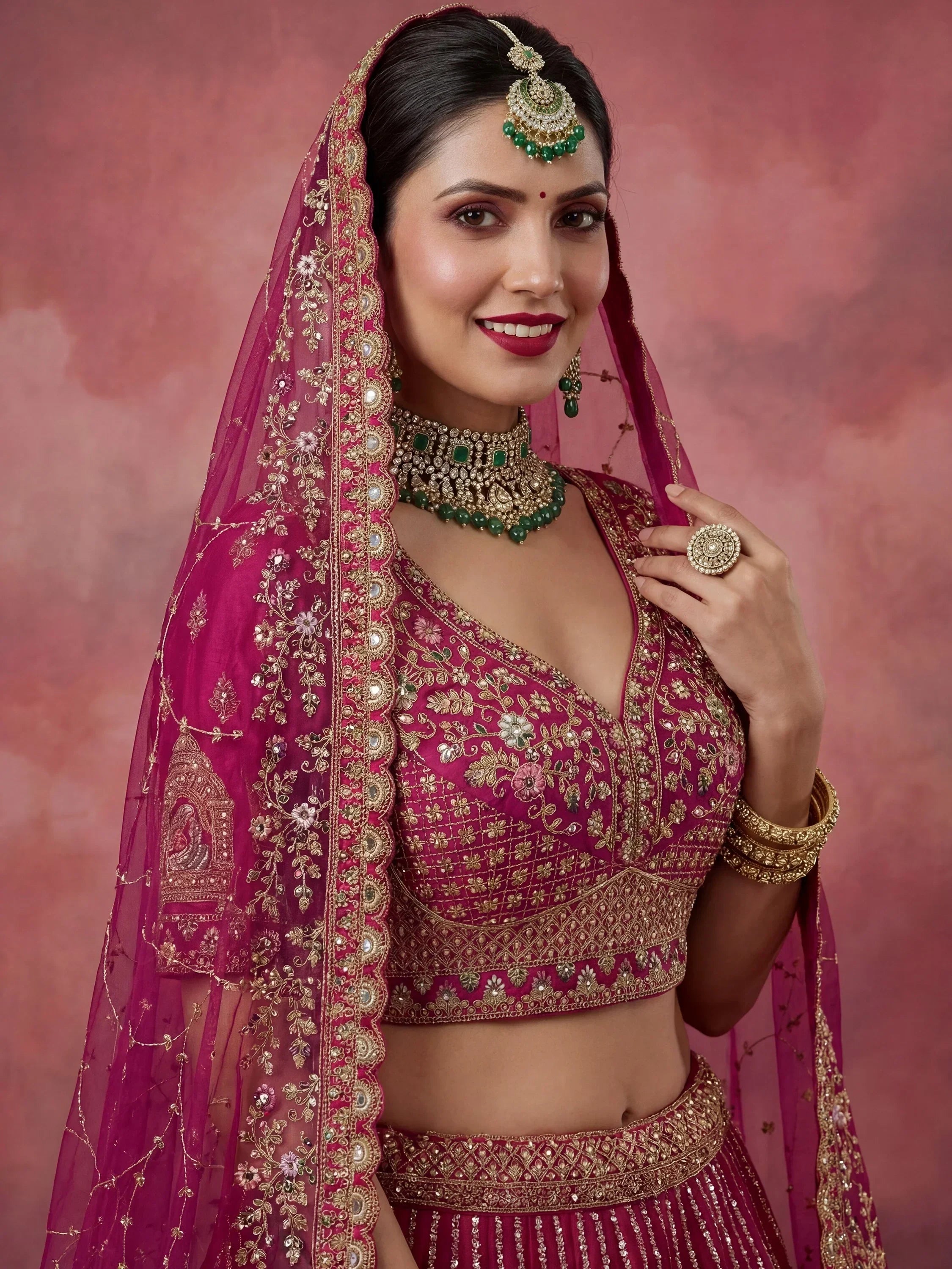 Pink Graceful Embroidered Silk Bridal Lehenga Choli With Double Dupatta
