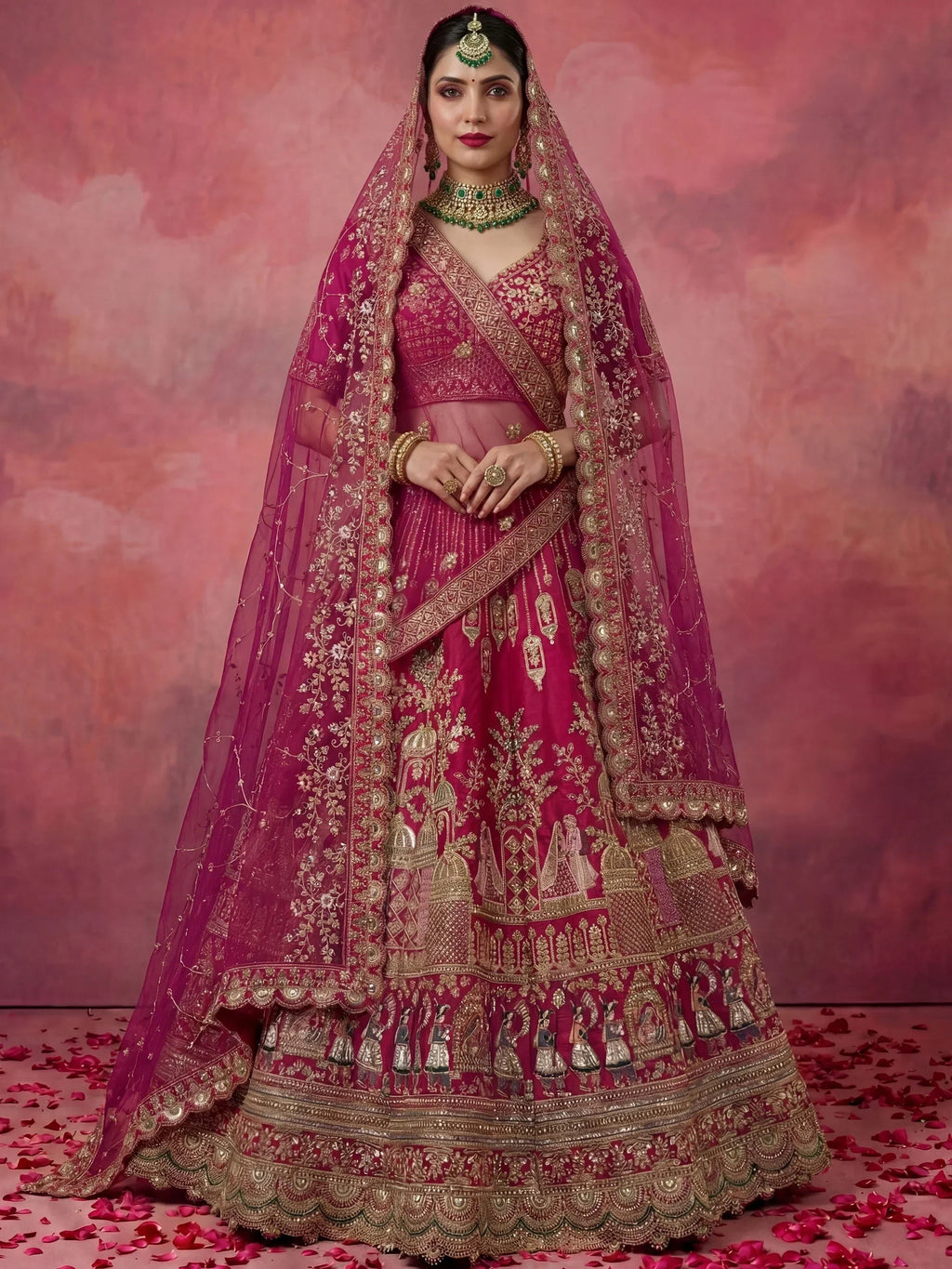 Pink Graceful Embroidered Silk Bridal Lehenga Choli With Double Dupatta