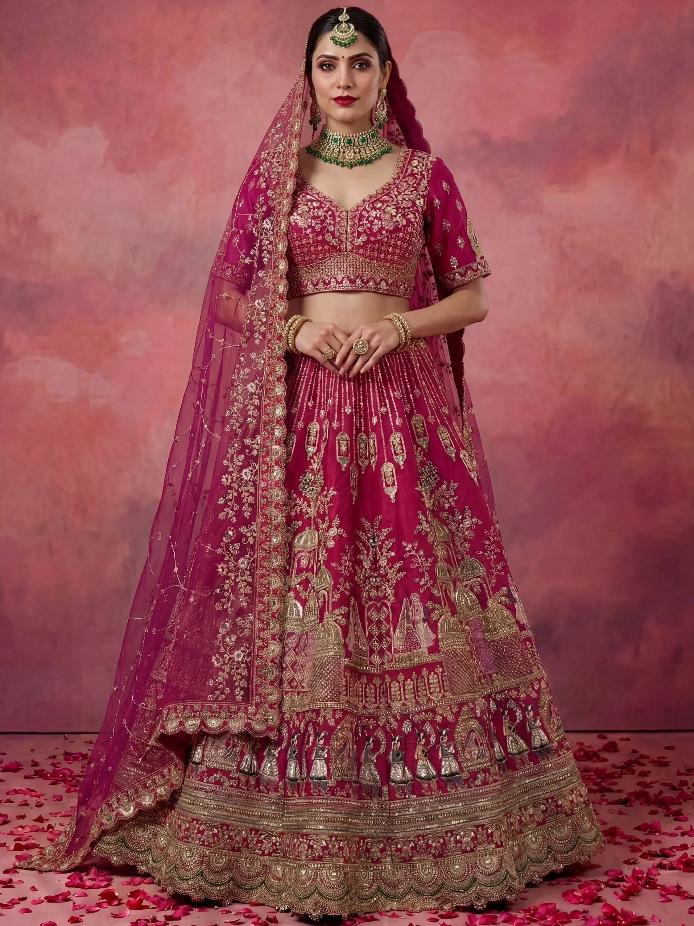Pink Graceful Embroidered Silk Bridal Lehenga Choli With Double Dupatta