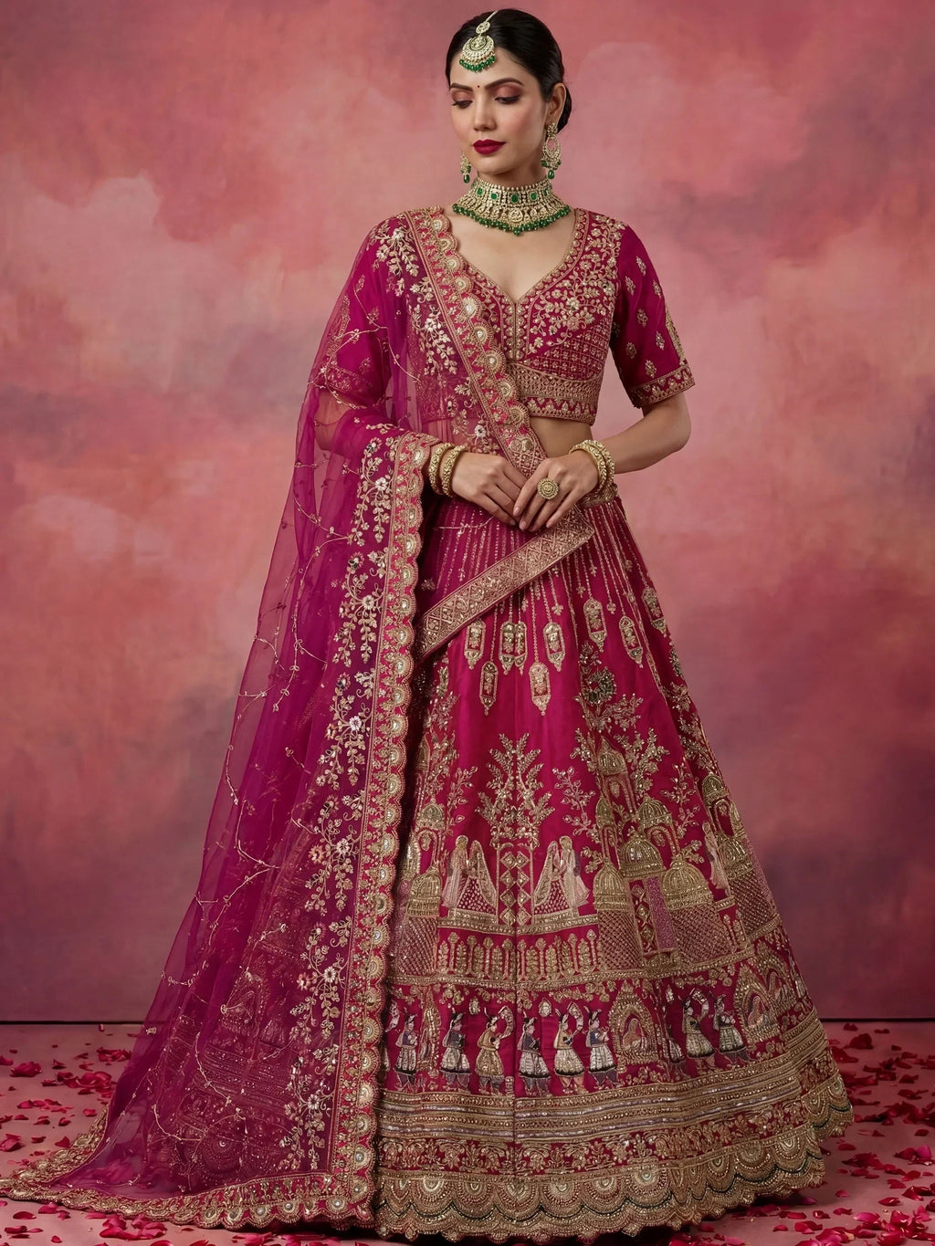 Pink Graceful Embroidered Silk Bridal Lehenga Choli With Double Dupatta
