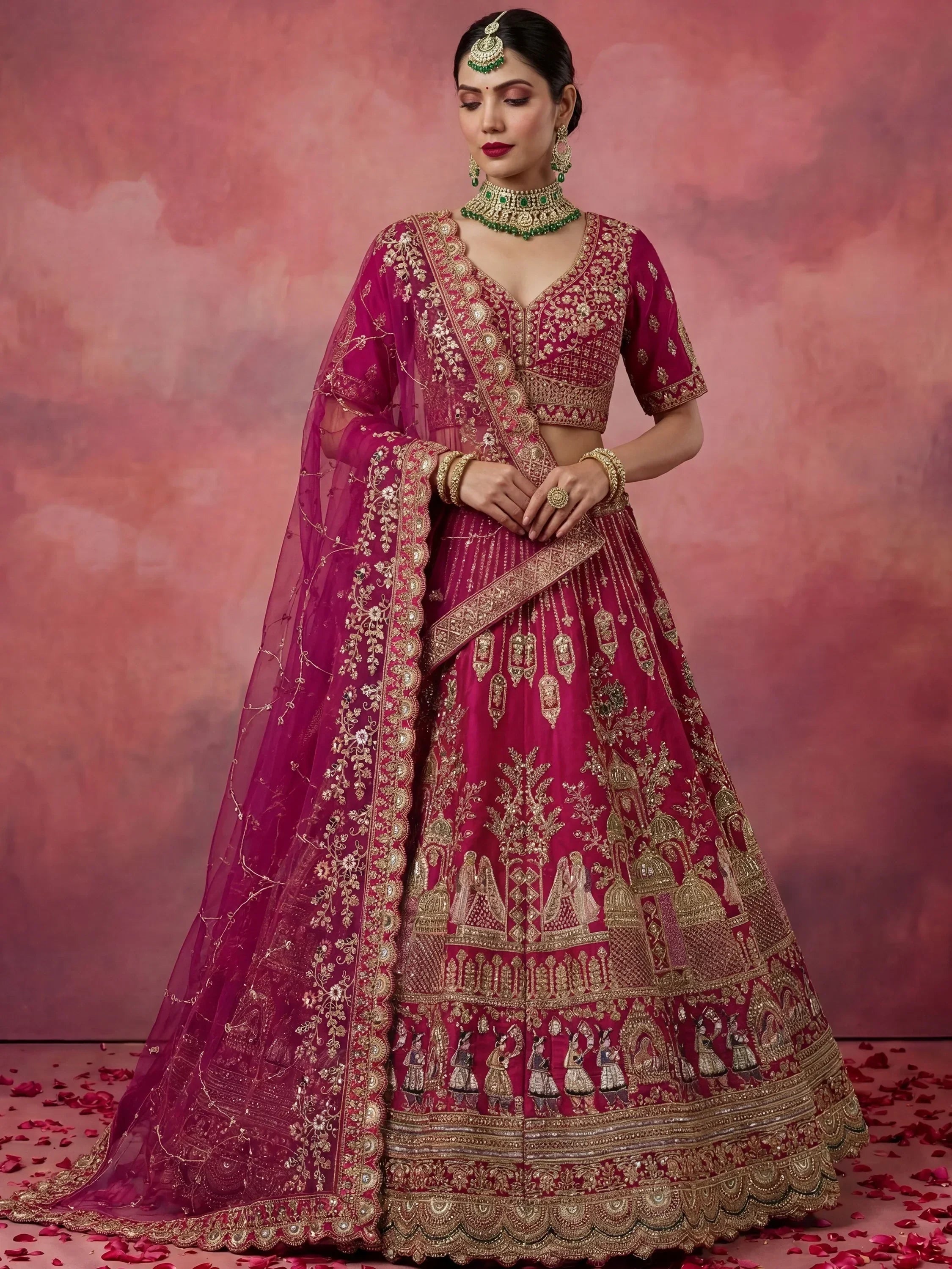 Pink Graceful Embroidered Silk Bridal Lehenga Choli With Double Dupatta