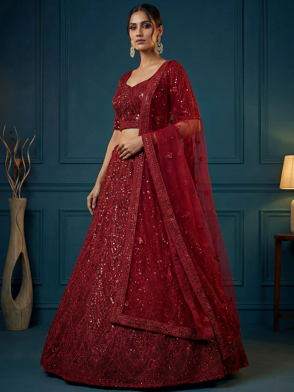 Maroon Attractive Sequins Net Engagement Wear Lehenga Choli