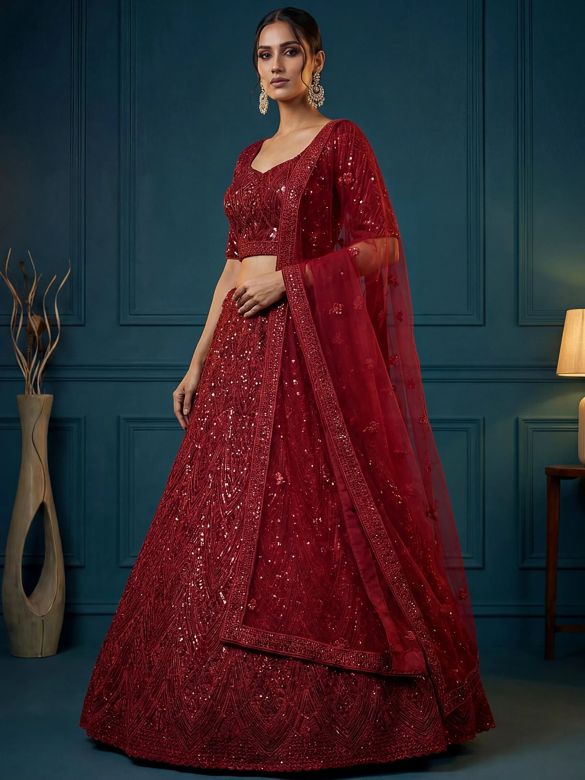 Maroon Attractive Sequins Net Engagement Wear Lehenga Choli