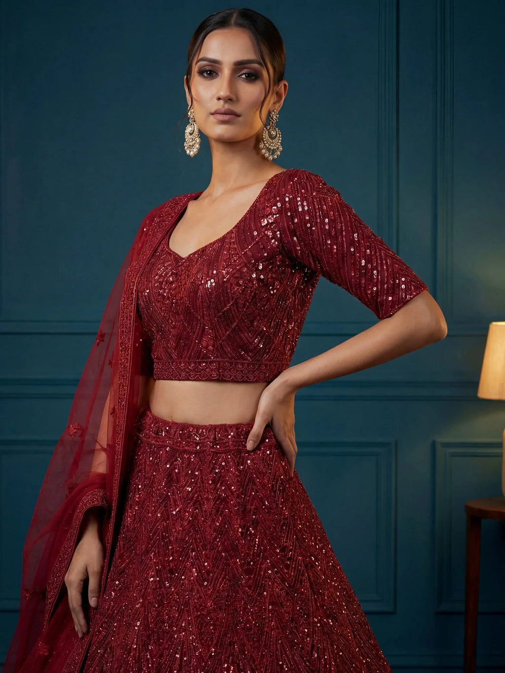Maroon Attractive Sequins Net Engagement Wear Lehenga Choli