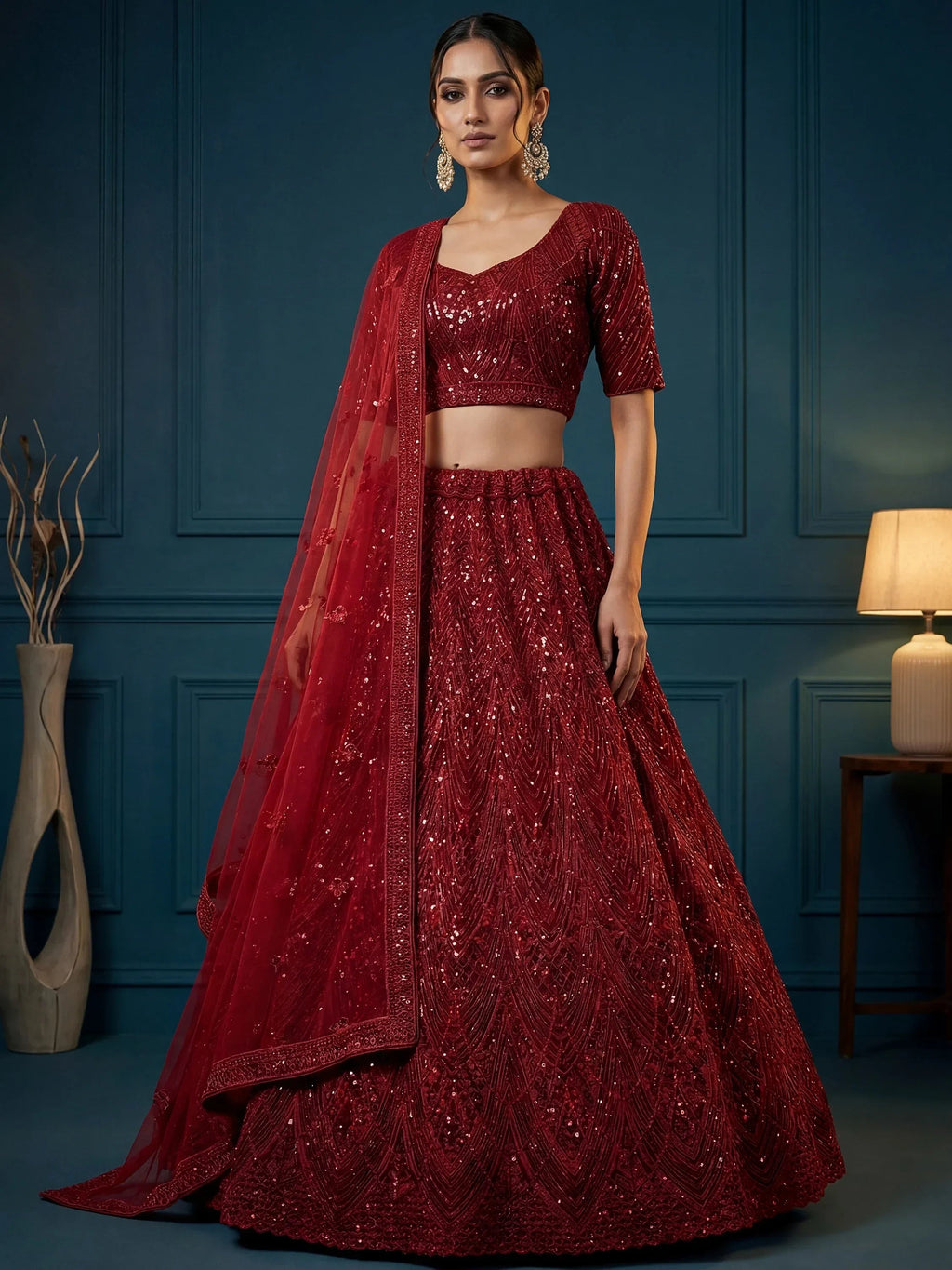 Maroon Attractive Sequins Net Engagement Wear Lehenga Choli