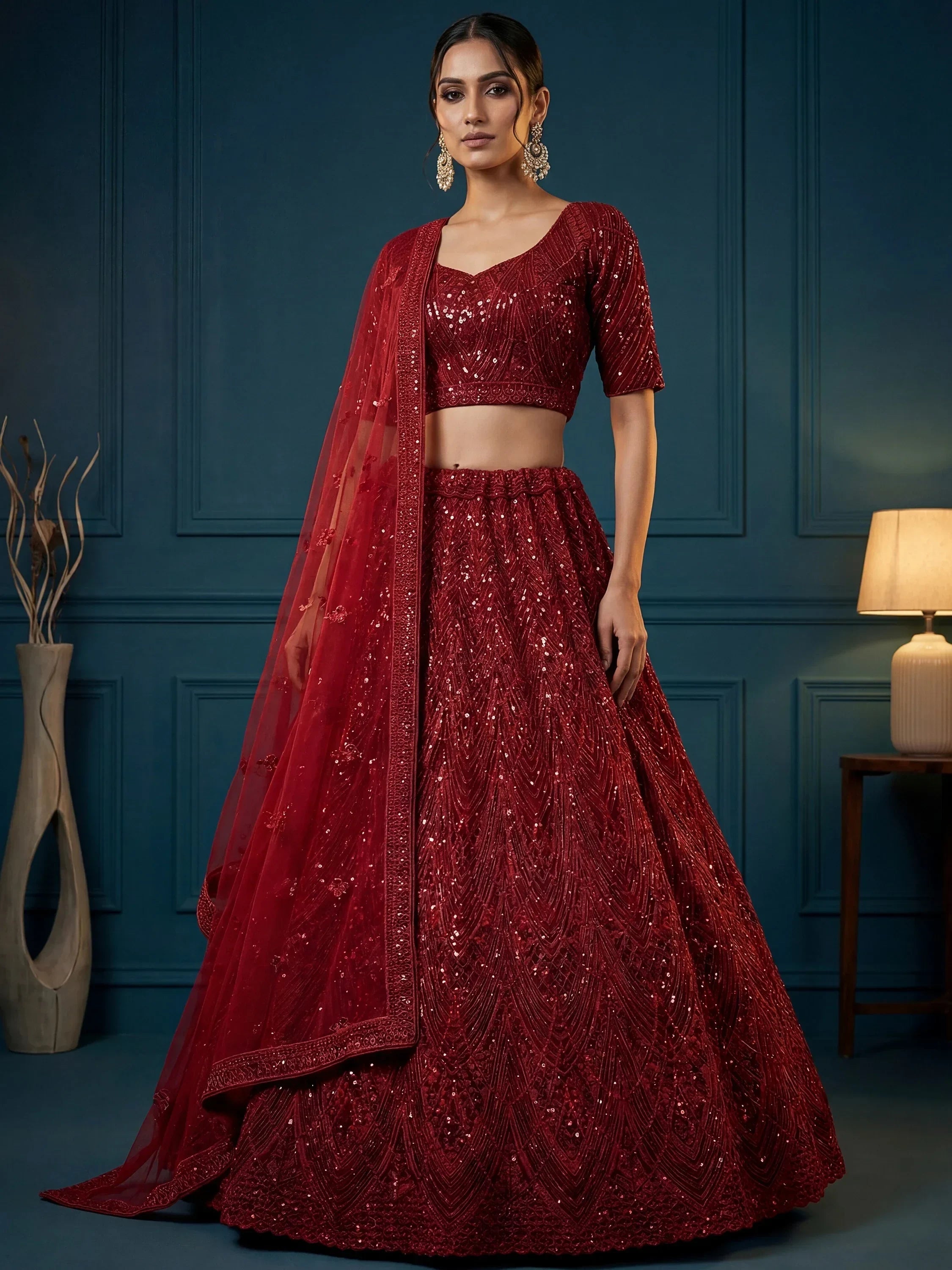 Maroon Attractive Sequins Net Engagement Wear Lehenga Choli