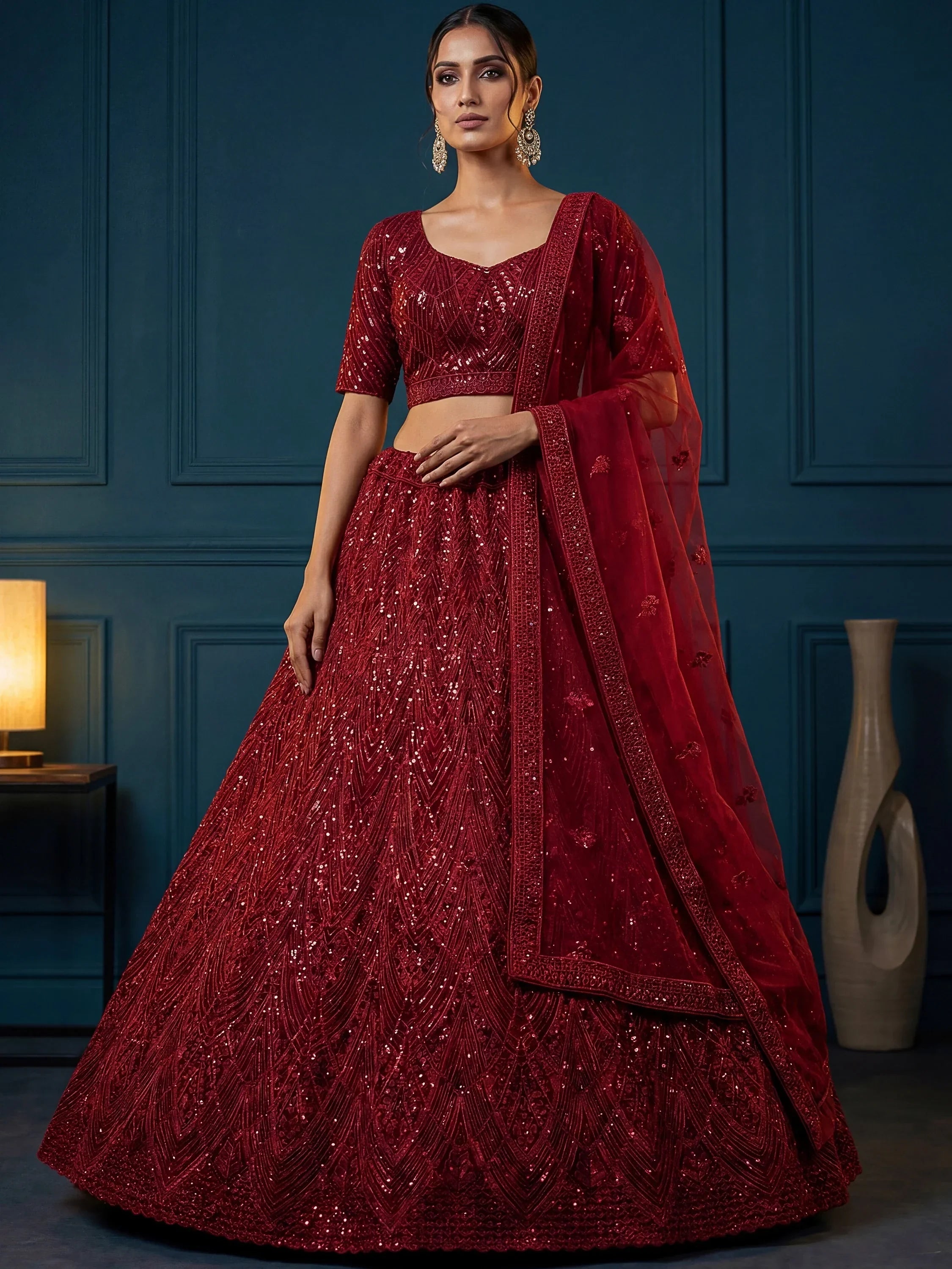 Maroon Attractive Sequins Net Engagement Wear Lehenga Choli