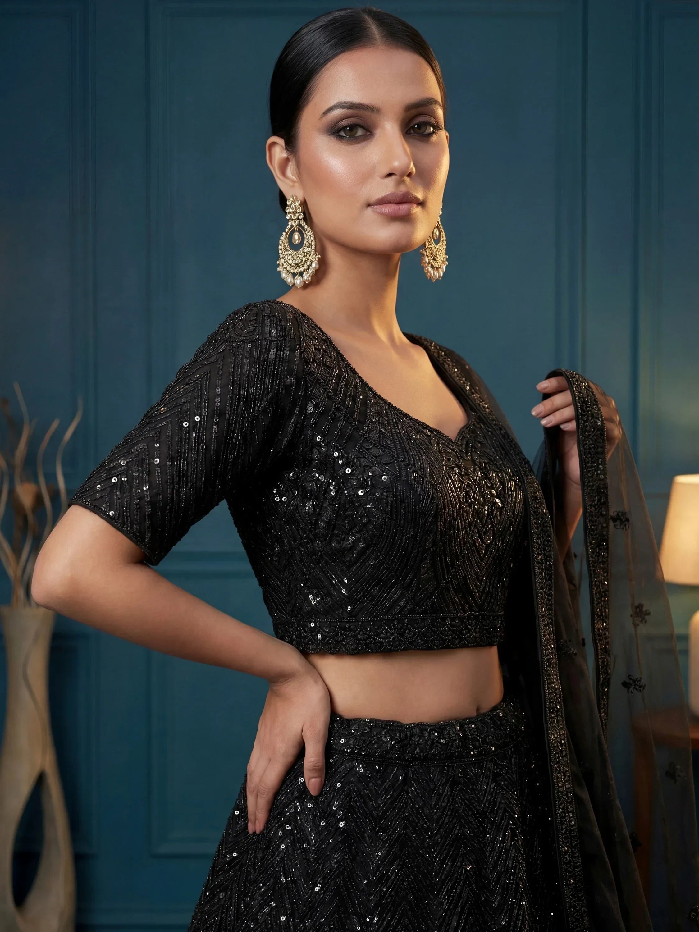 Black Attractive Sequins Net Engagement Wear Lehenga Choli