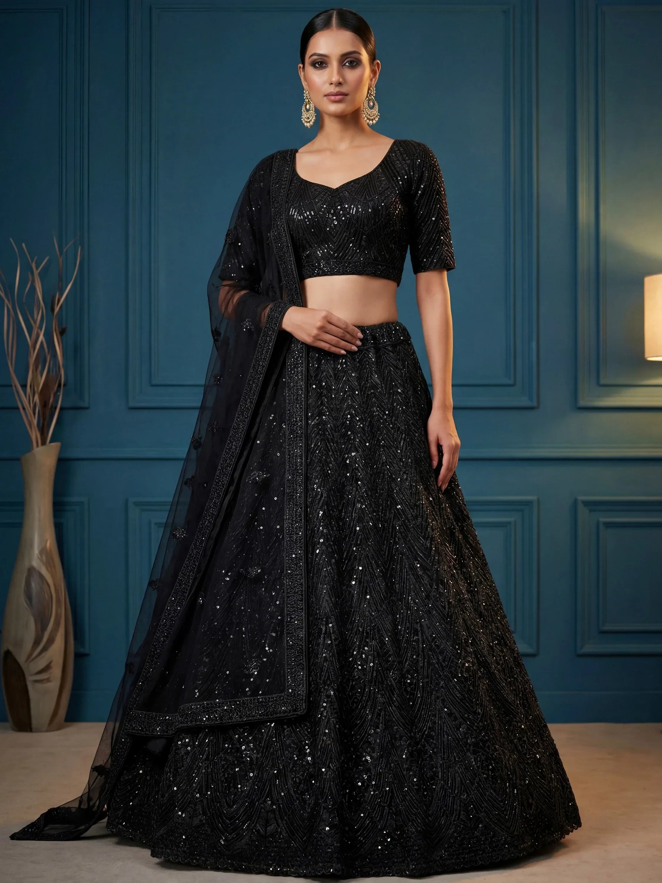 Black Attractive Sequins Net Engagement Wear Lehenga Choli