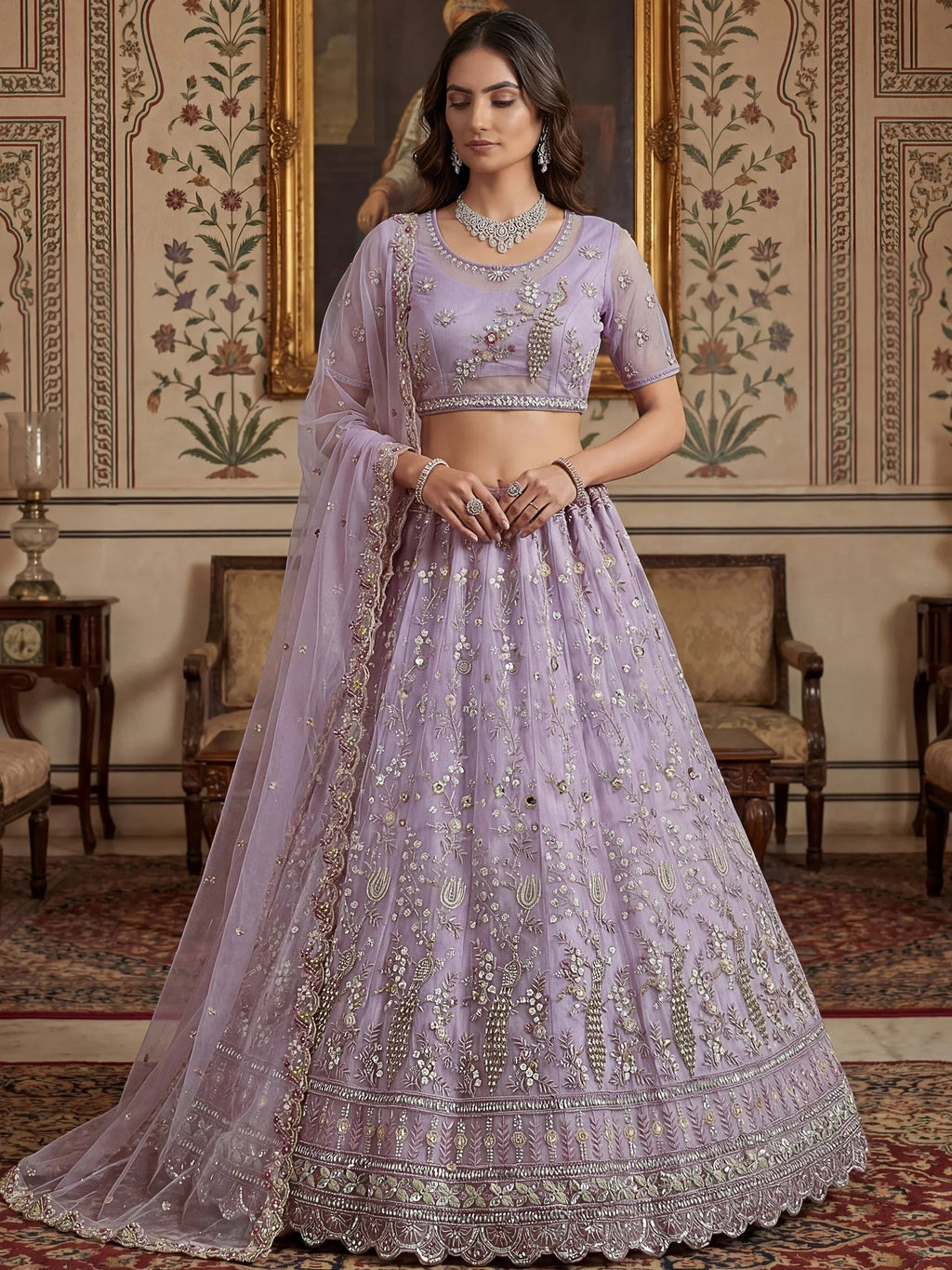 Lavender Gorgeous Embroidered Net Engagement Wear Lehenga Choli