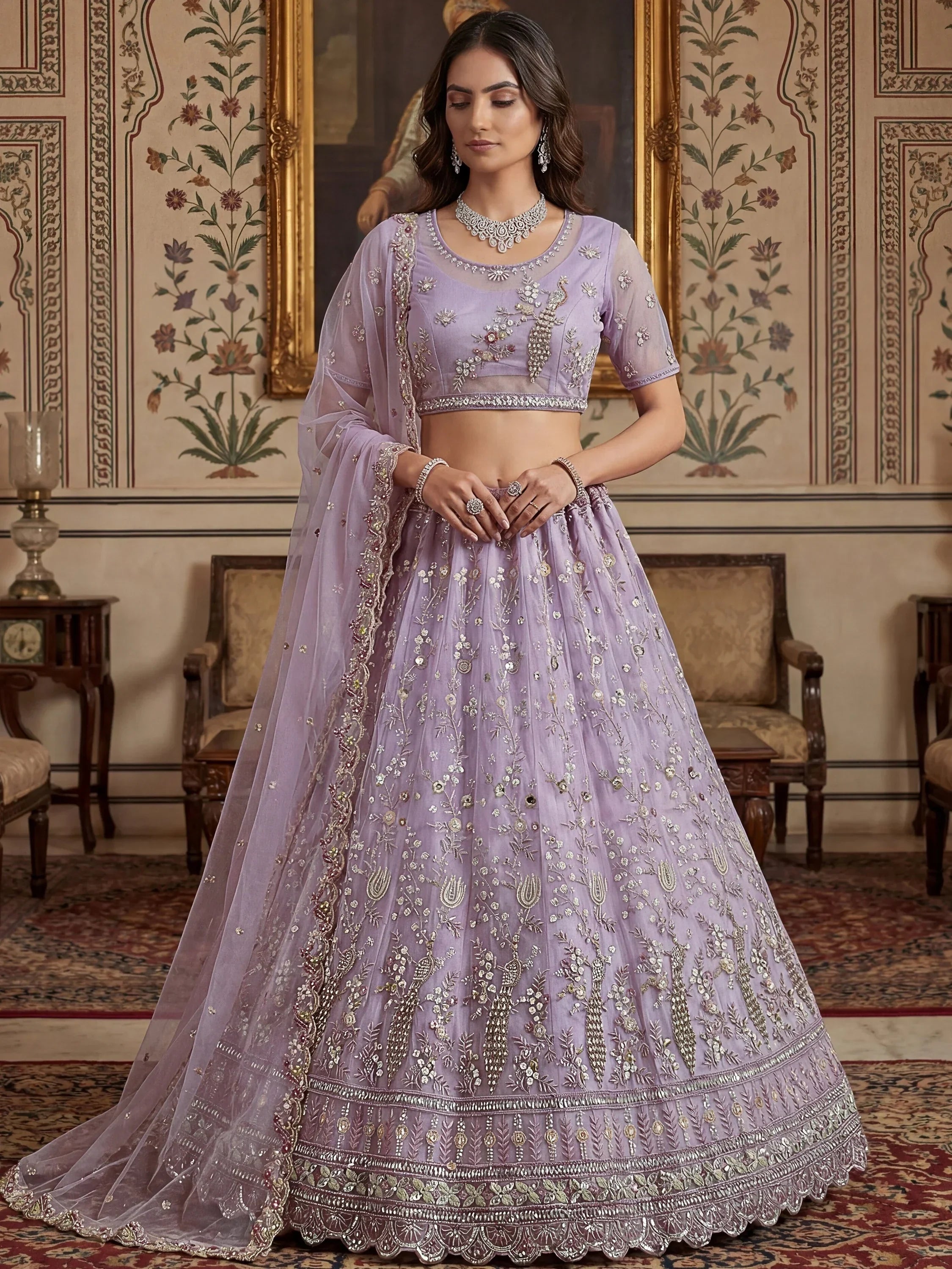 Lavender Gorgeous Embroidered Net Engagement Wear Lehenga Choli