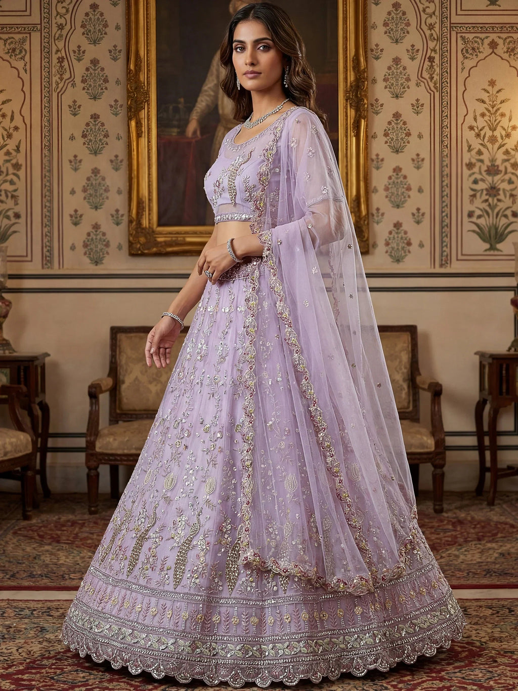 Lavender Gorgeous Embroidered Net Engagement Wear Lehenga Choli