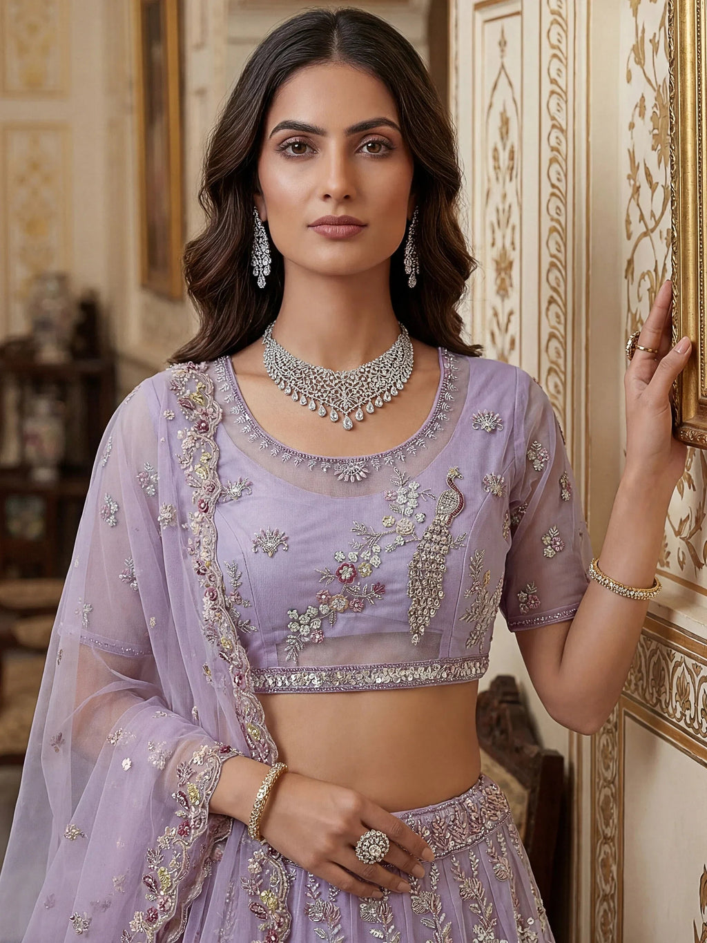 Lavender Gorgeous Embroidered Net Engagement Wear Lehenga Choli