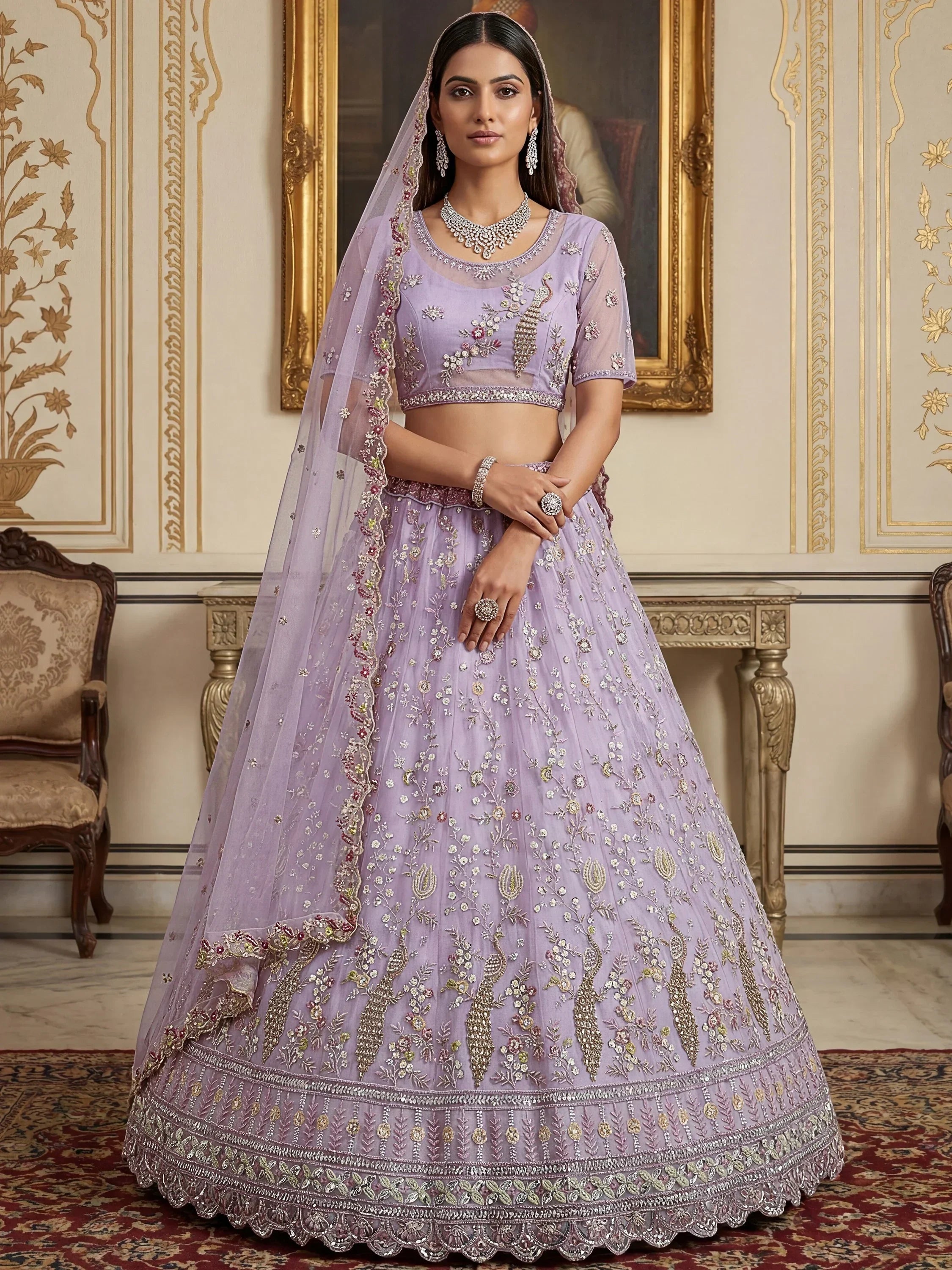 Lavender Gorgeous Embroidered Net Engagement Wear Lehenga Choli