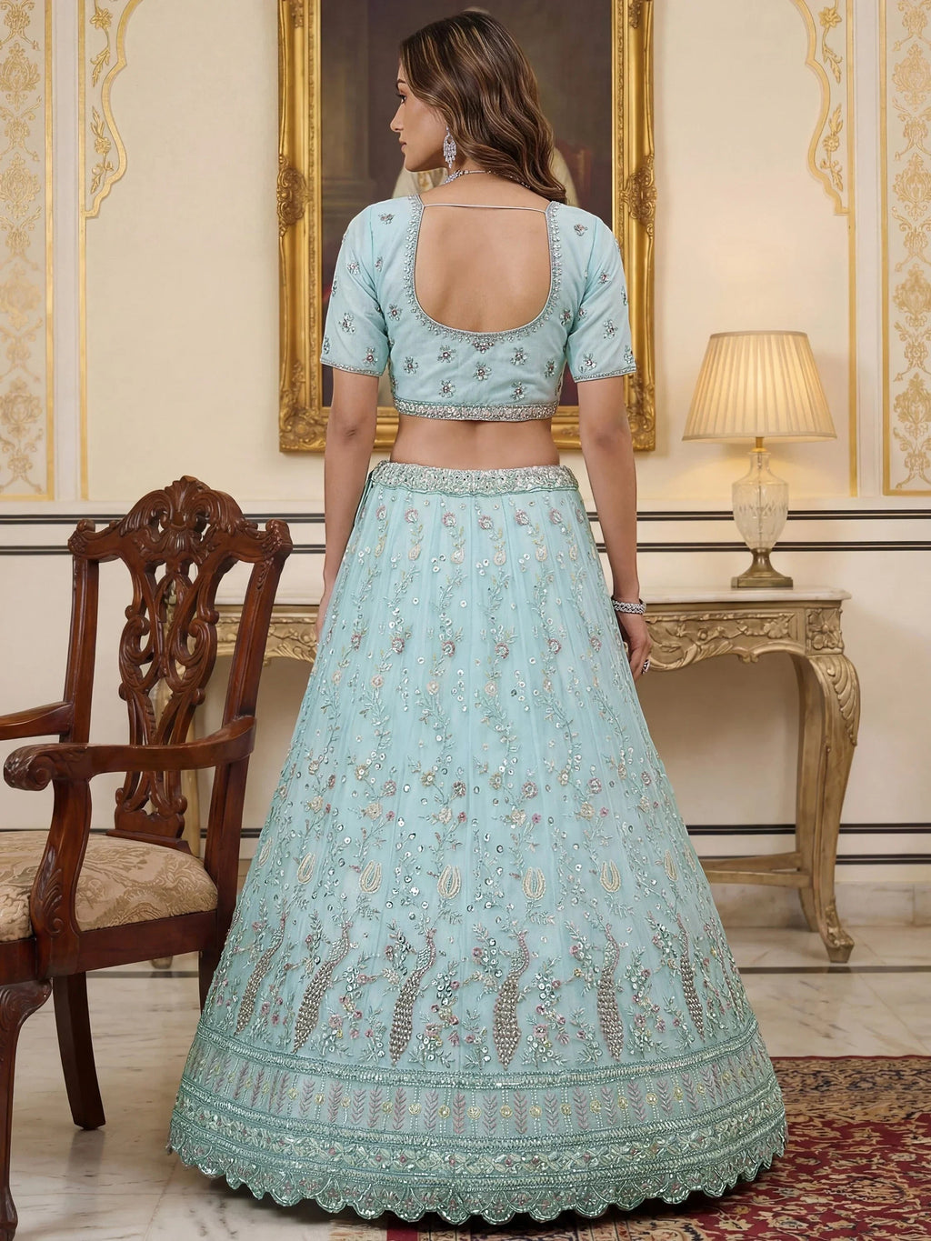 Sky Blue Gorgeous Embroidered Net Engagement Wear Lehenga Choli