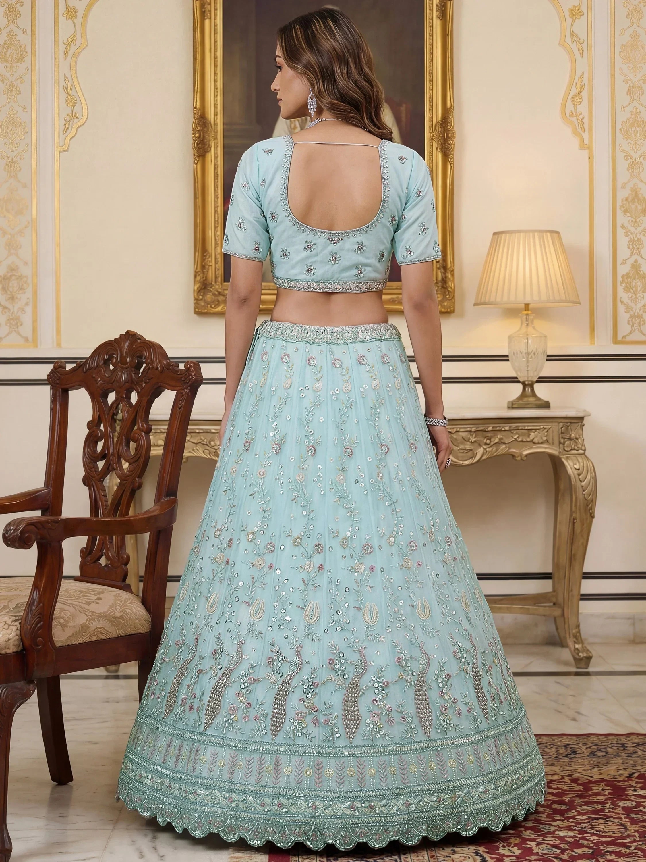 Sky Blue Gorgeous Embroidered Net Engagement Wear Lehenga Choli
