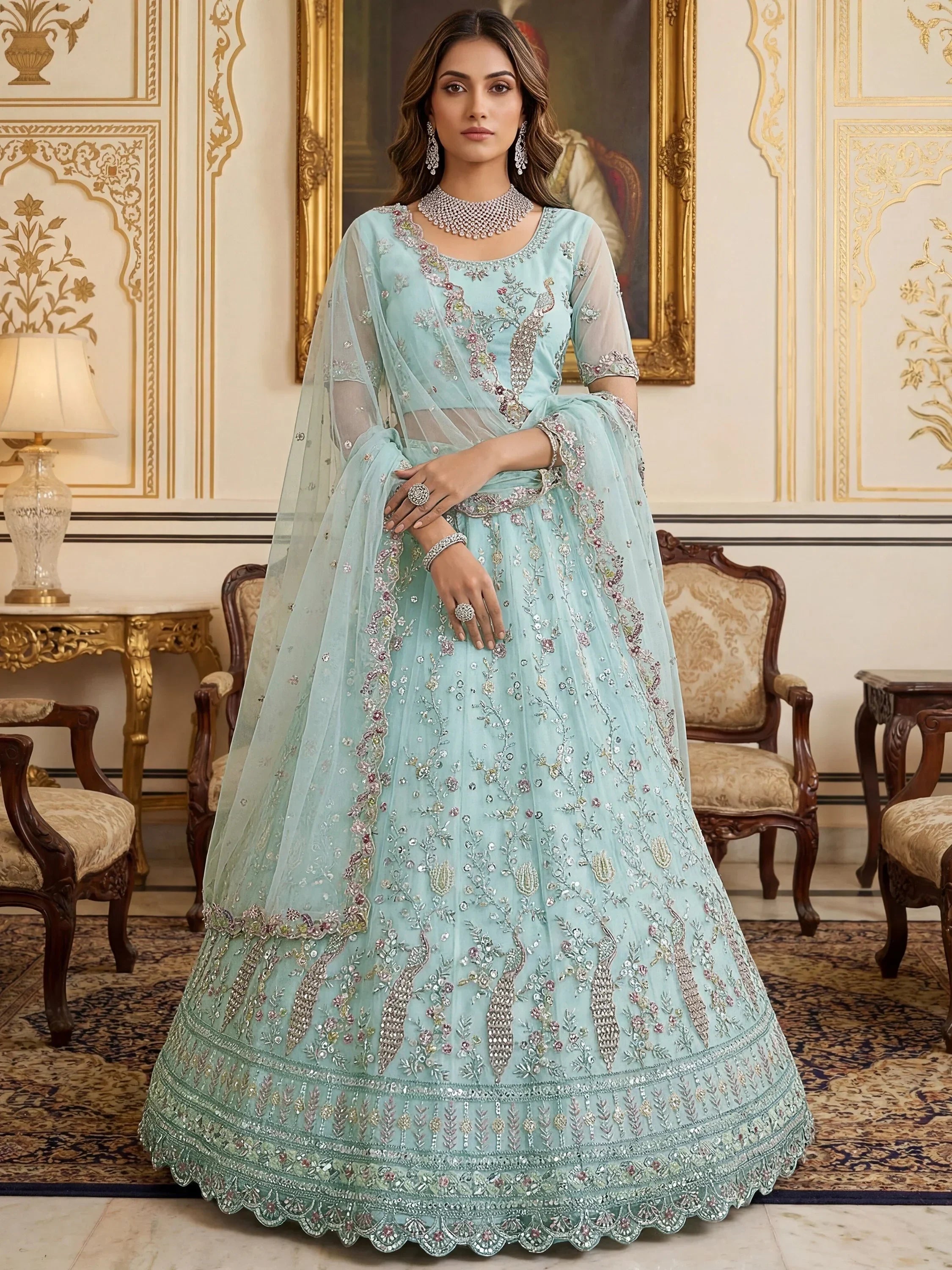 Sky Blue Gorgeous Embroidered Net Engagement Wear Lehenga Choli