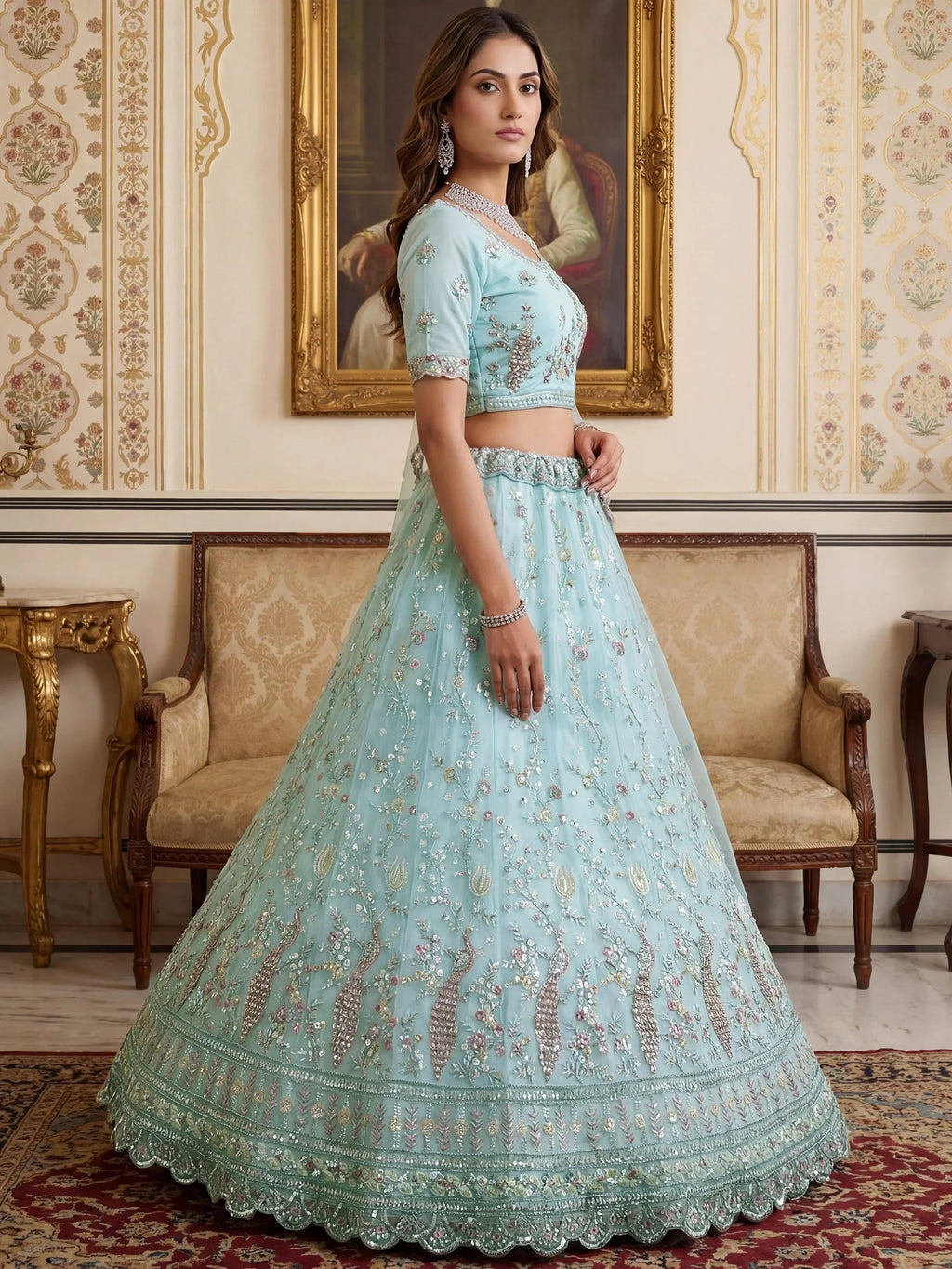 Sky Blue Gorgeous Embroidered Net Engagement Wear Lehenga Choli