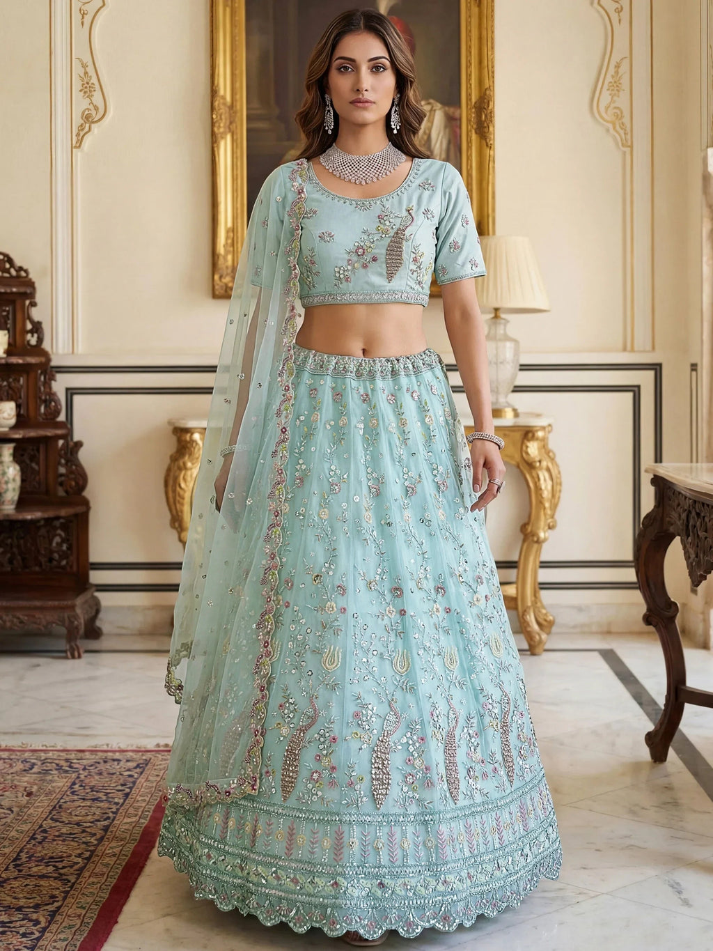 Sky Blue Gorgeous Embroidered Net Engagement Wear Lehenga Choli