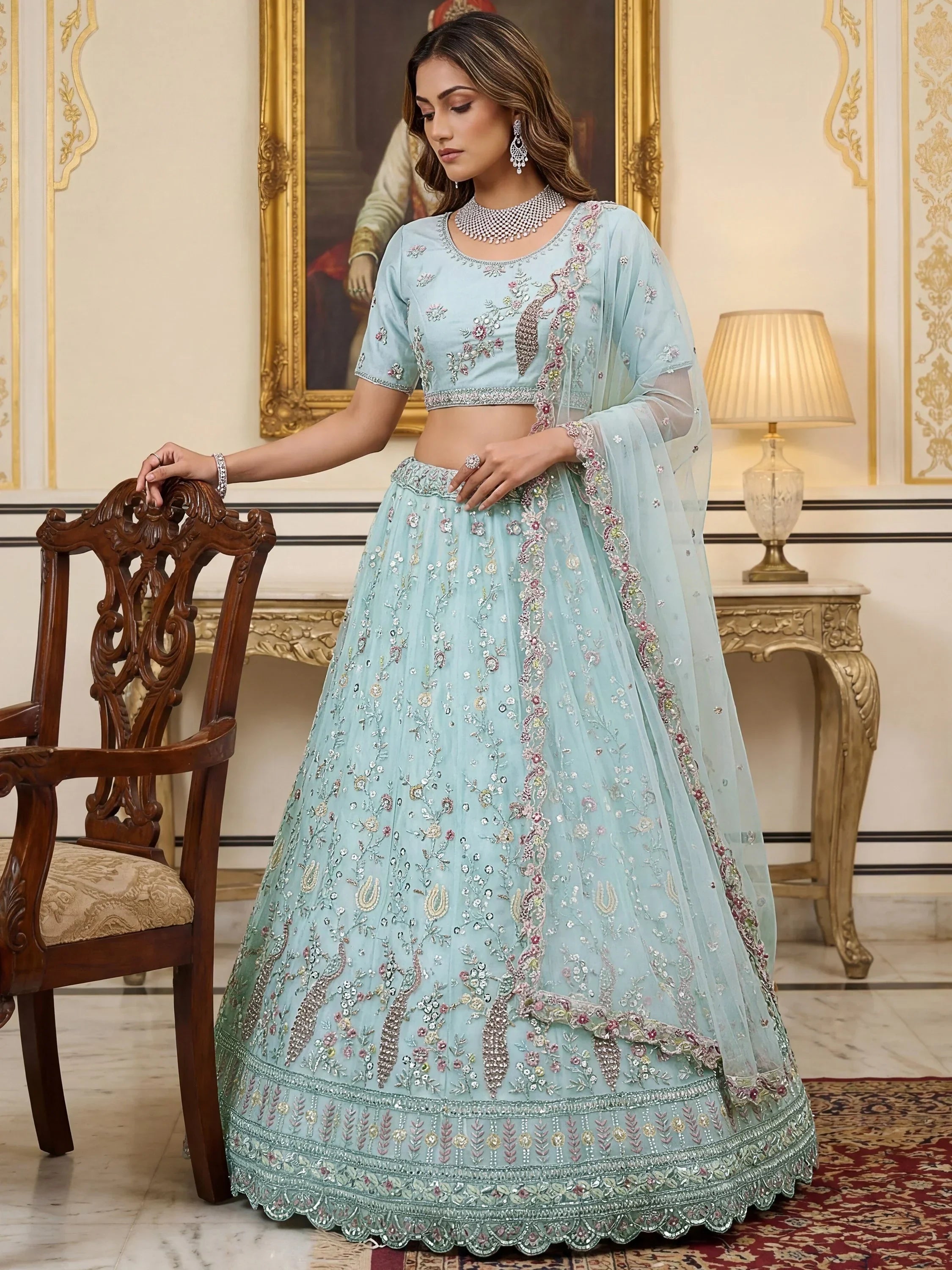 Sky Blue Gorgeous Embroidered Net Engagement Wear Lehenga Choli
