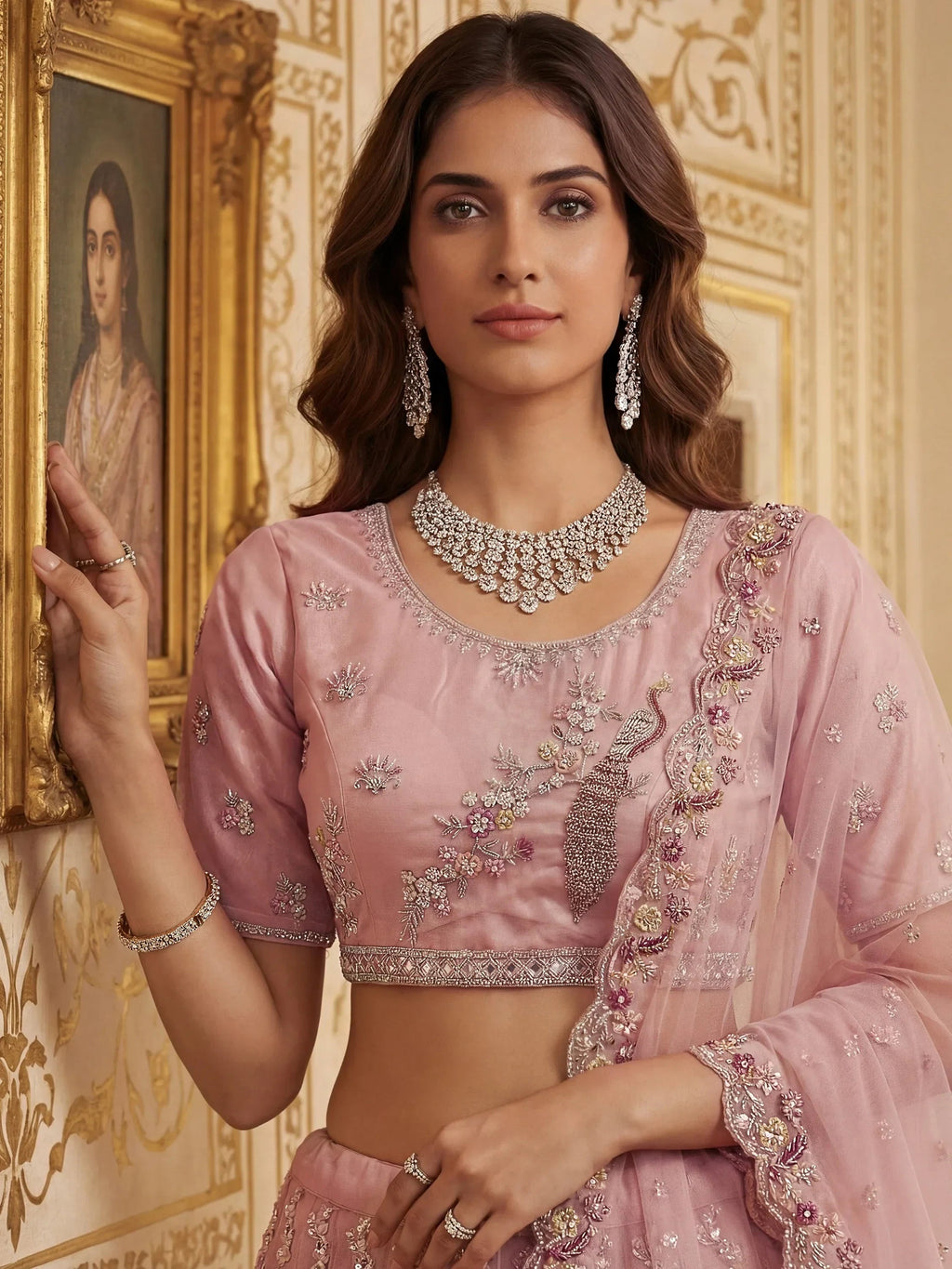 Peach Gorgeous Embroidered Net Engagement Wear Lehenga Choli