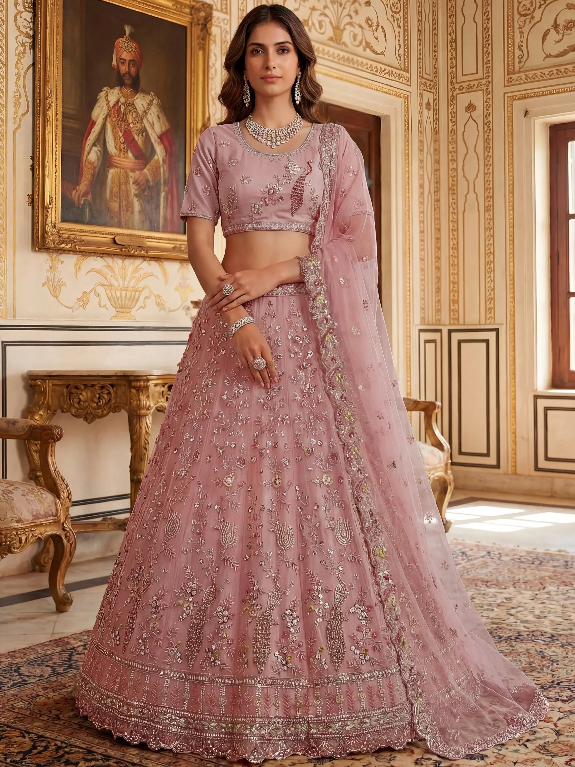 Peach Gorgeous Embroidered Net Engagement Wear Lehenga Choli