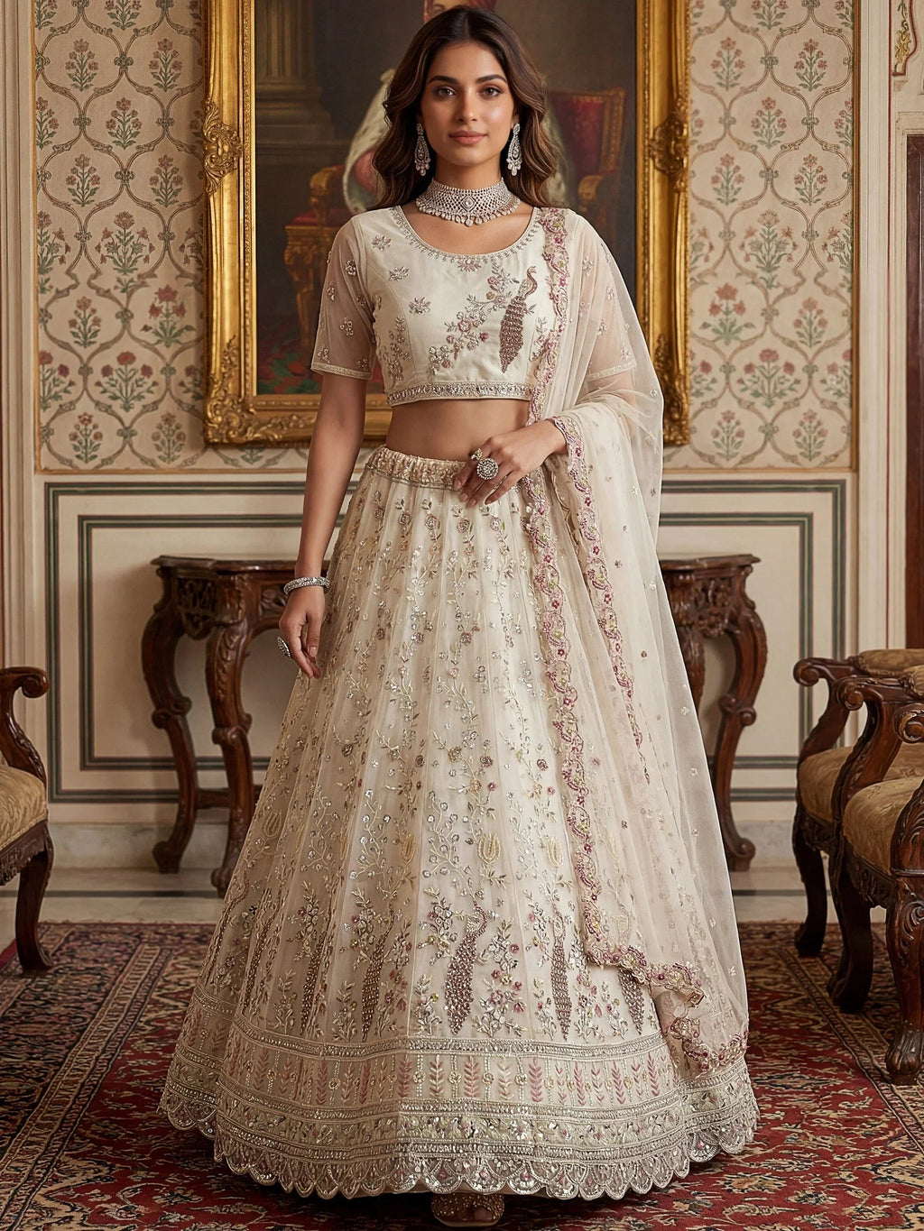 Off White Gorgeous Embroidered Net Engagement Wear Lehenga Choli