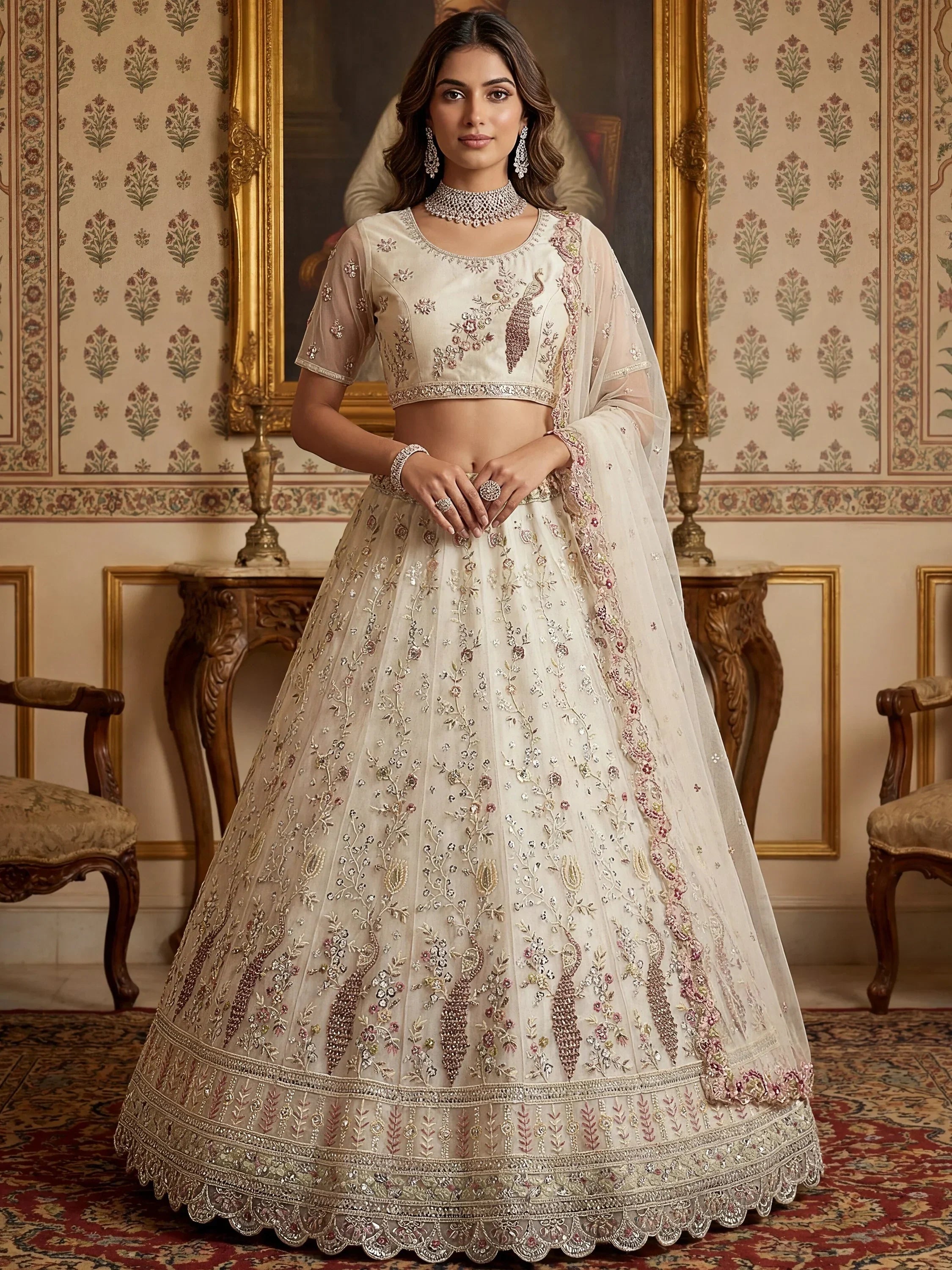 Off White Gorgeous Embroidered Net Engagement Wear Lehenga Choli