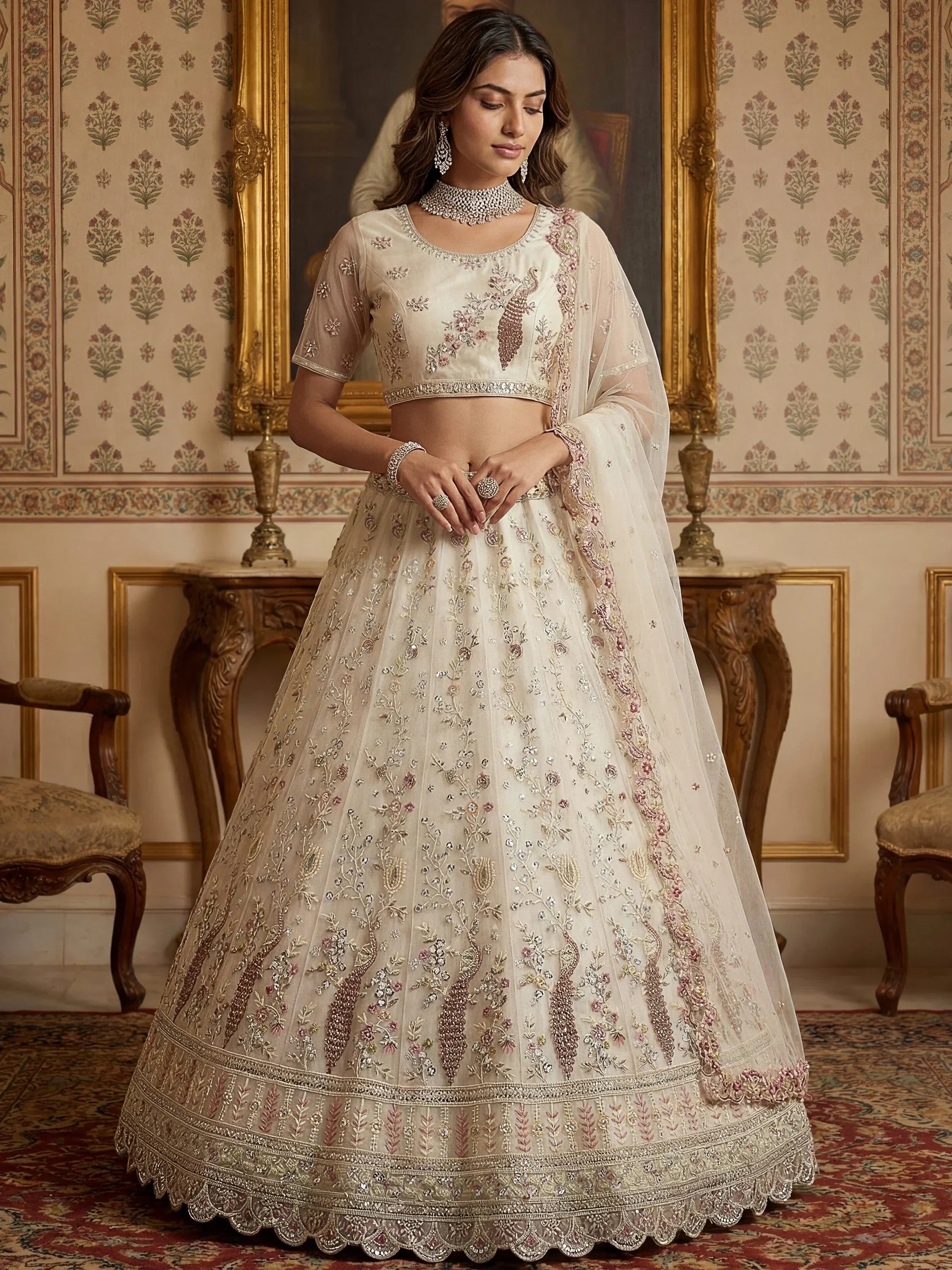 Off White Gorgeous Embroidered Net Engagement Wear Lehenga Choli