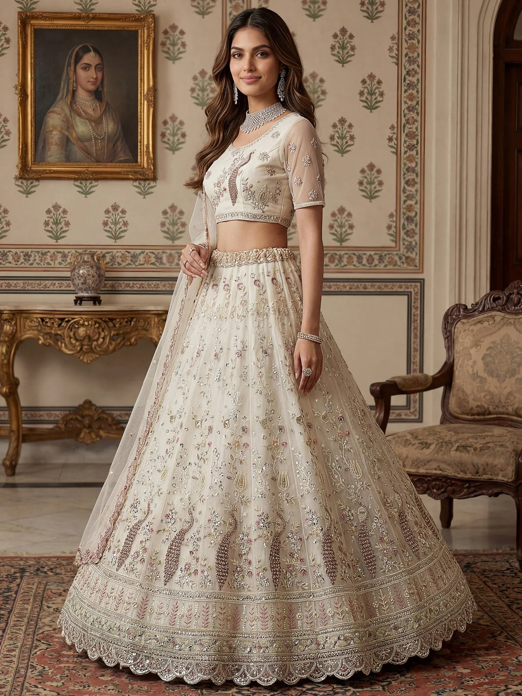 Off White Gorgeous Embroidered Net Engagement Wear Lehenga Choli