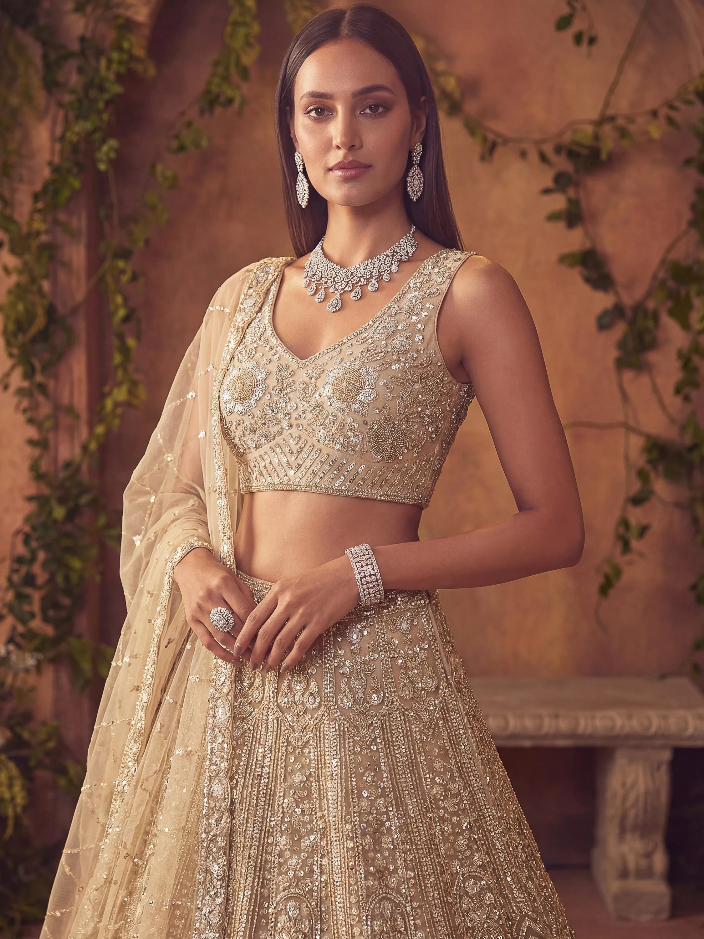 Amazing Beige Embroidered Net Wedding Wear Lehenga Choli