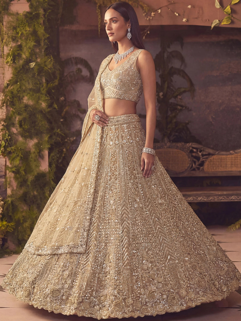 Amazing Beige Embroidered Net Wedding Wear Lehenga Choli
