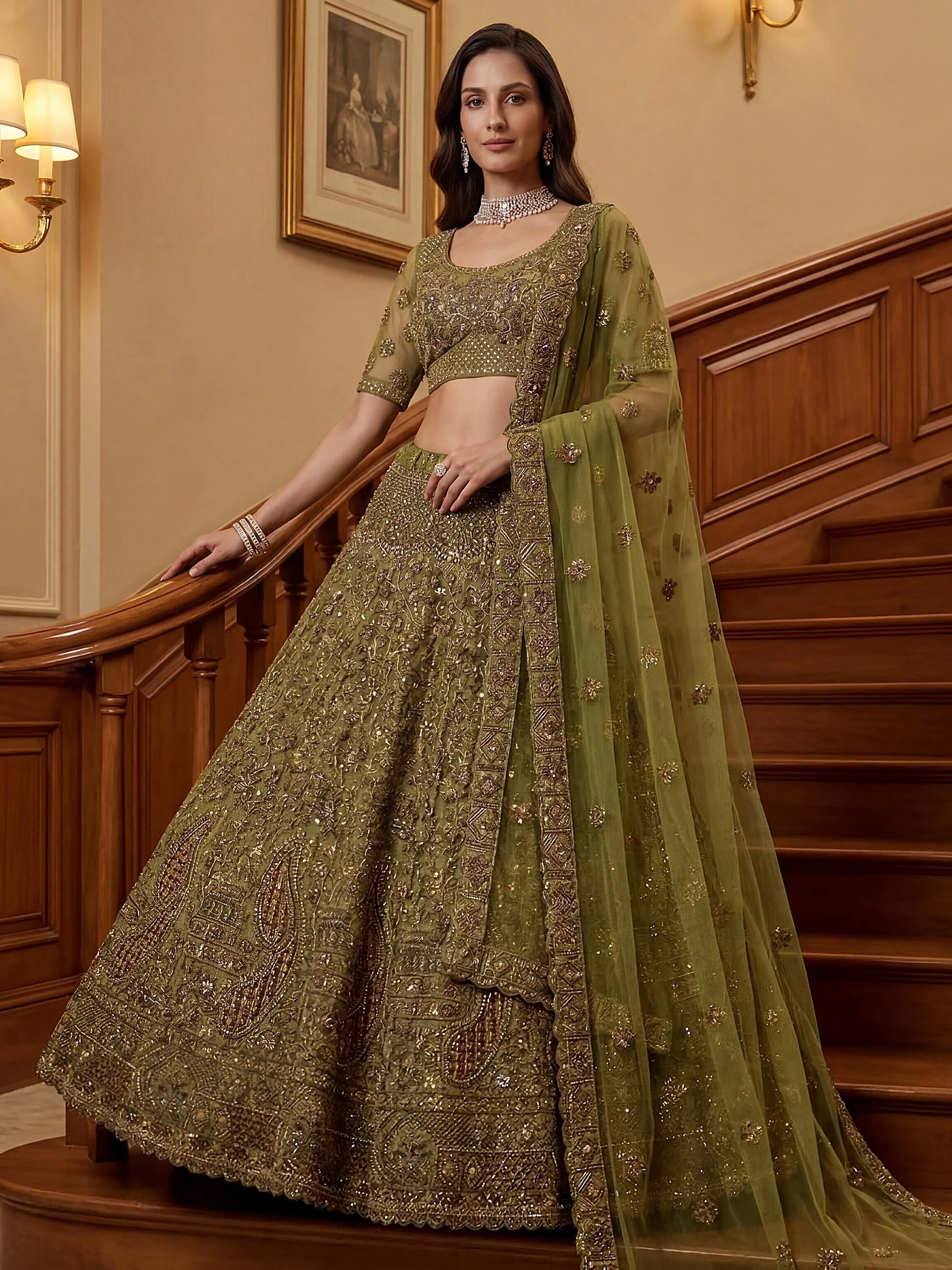 Olive Excellent Sequins Net Bridal Lehenga Choli With Dupatta