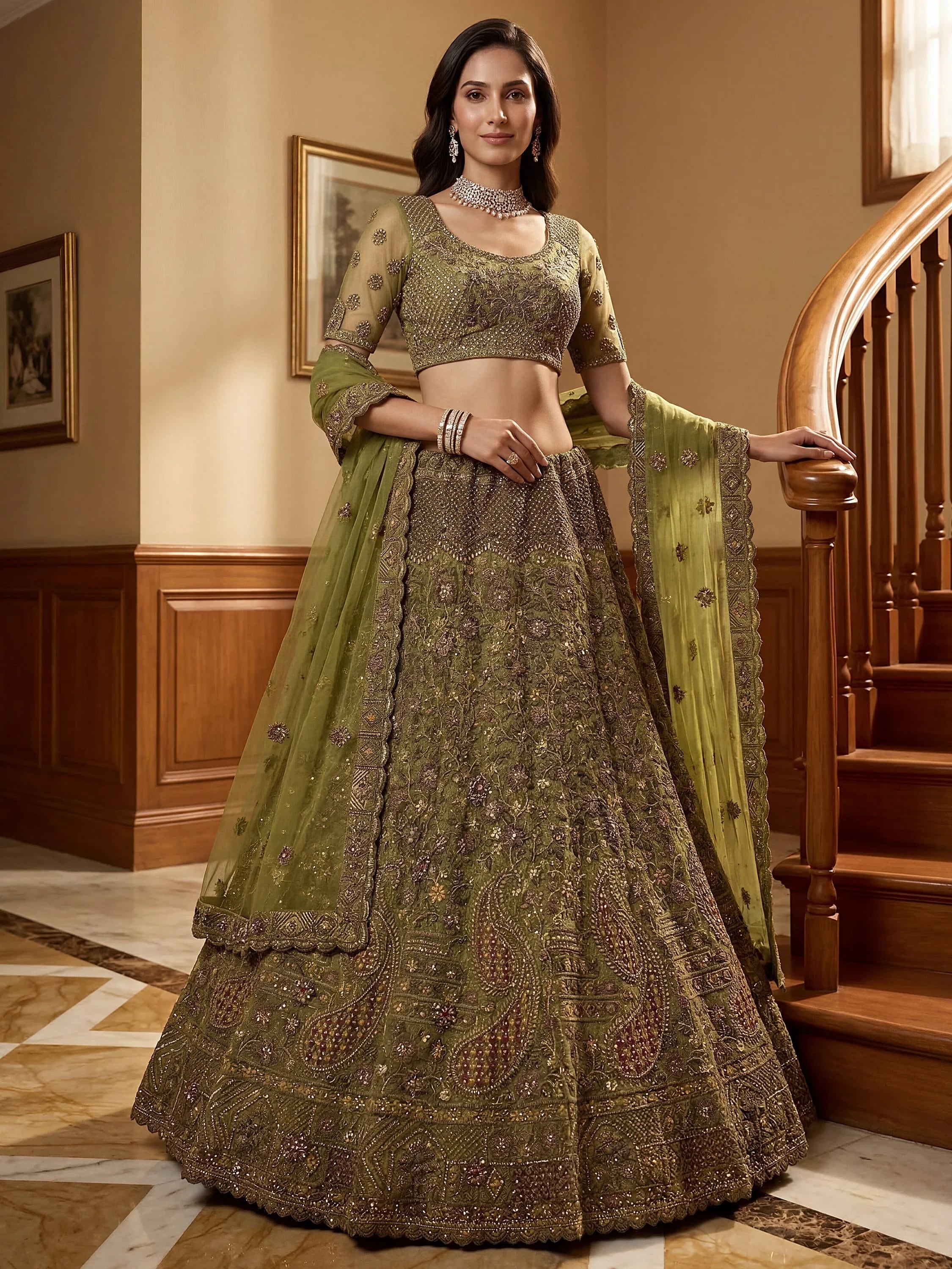 Olive Excellent Sequins Net Bridal Lehenga Choli With Dupatta