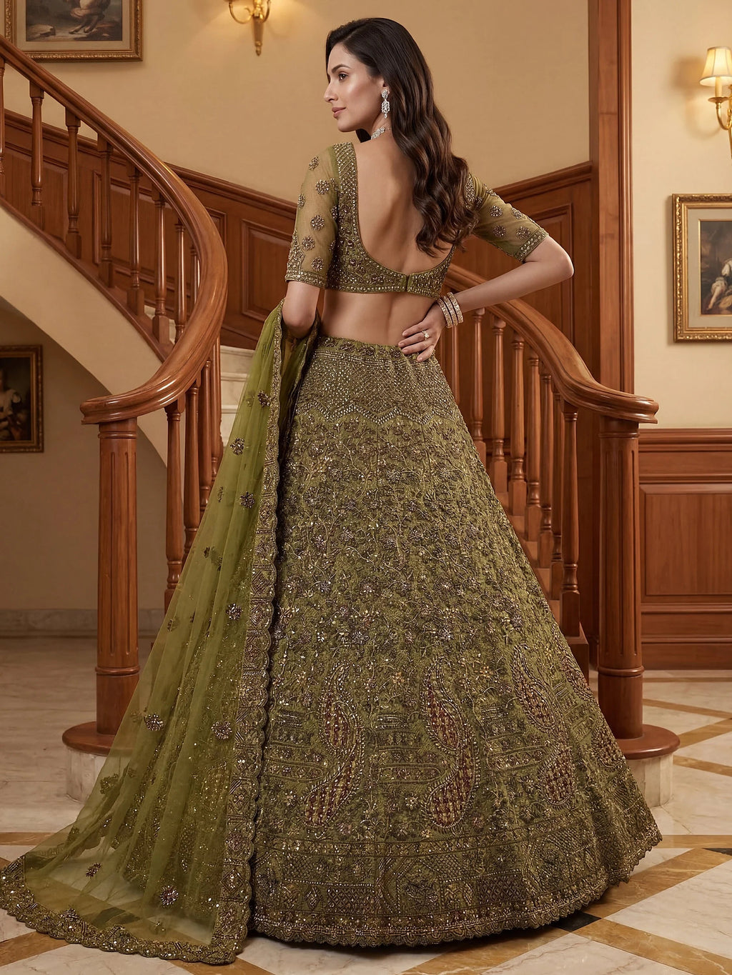 Olive Excellent Sequins Net Bridal Lehenga Choli With Dupatta