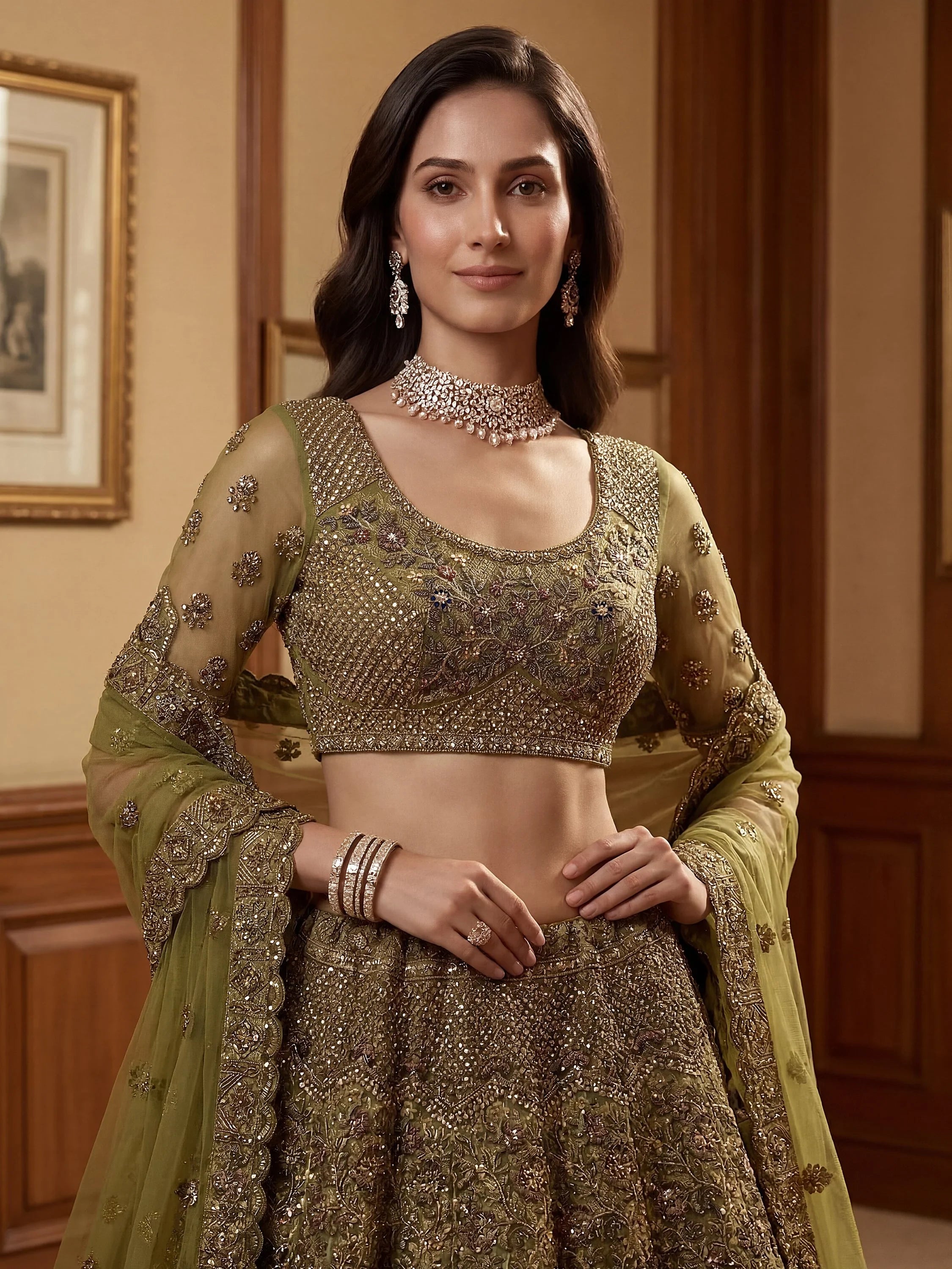 Olive Excellent Sequins Net Bridal Lehenga Choli With Dupatta
