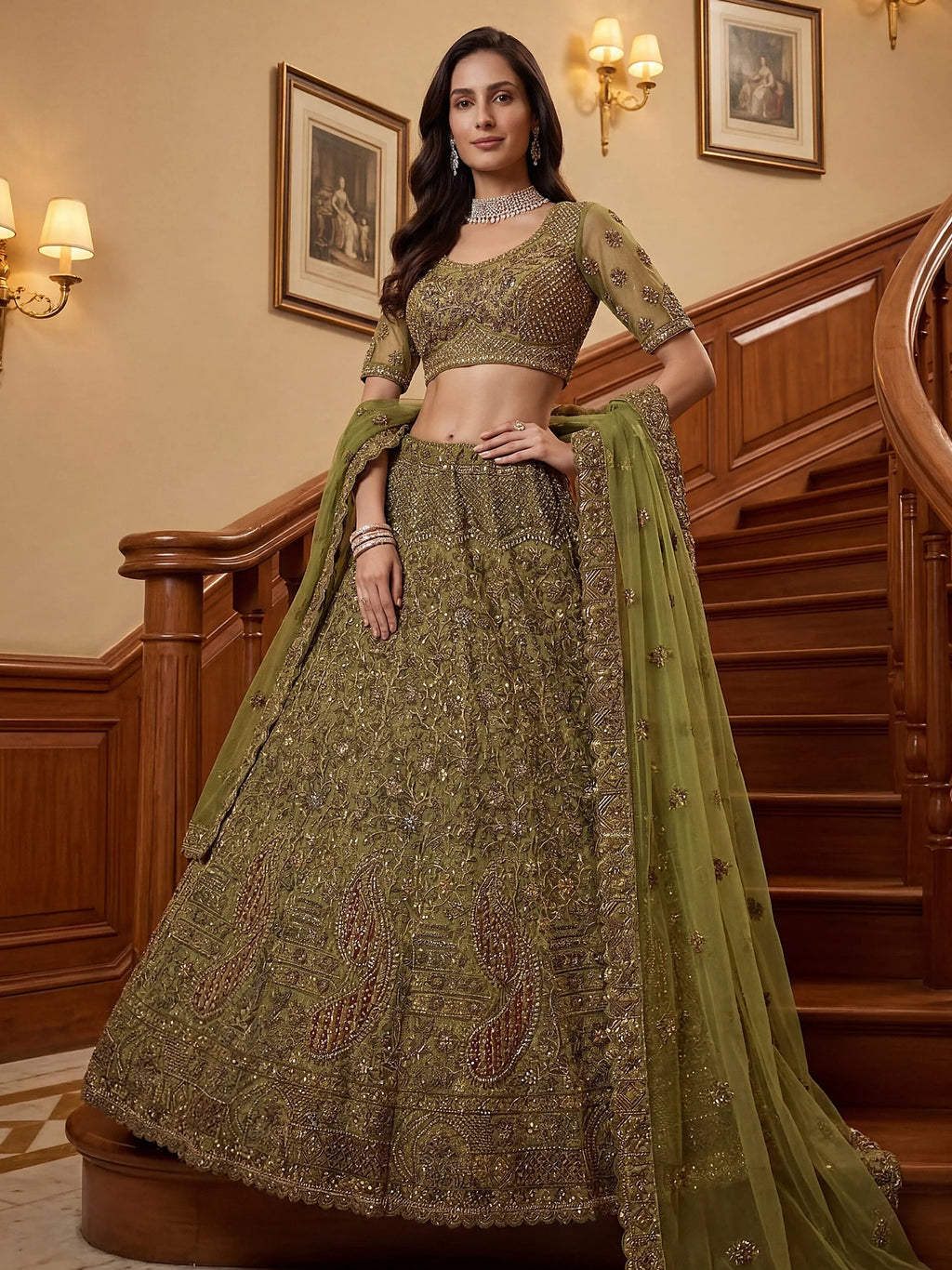 Olive Excellent Sequins Net Bridal Lehenga Choli With Dupatta