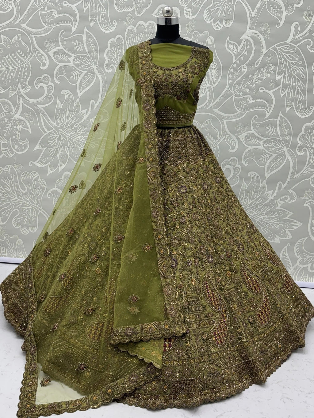 Olive Excellent Sequins Net Bridal Lehenga Choli With Dupatta