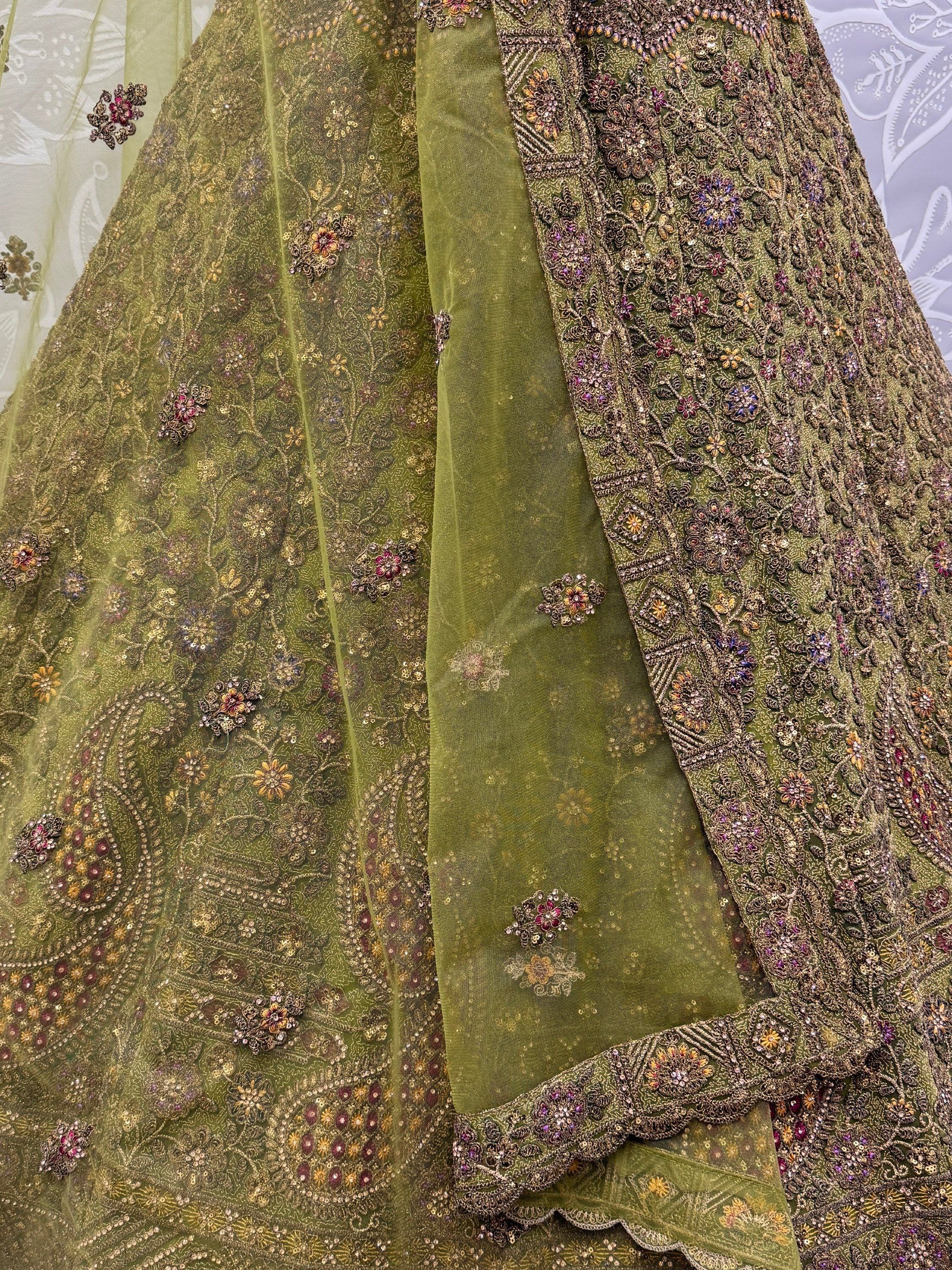 Olive Excellent Sequins Net Bridal Lehenga Choli With Dupatta