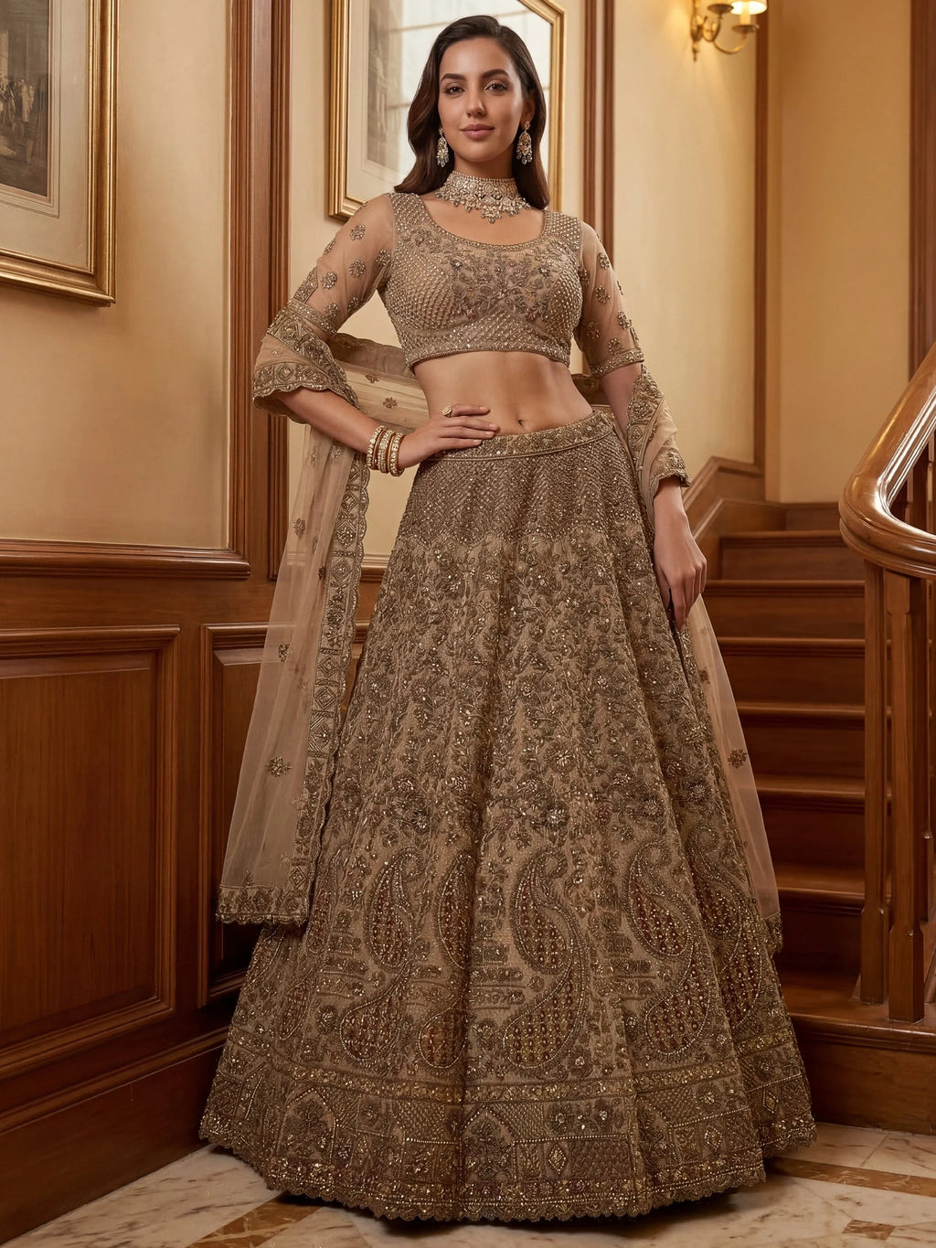 Beige Excellent Sequins Net Bridal Lehenga Choli With Dupatta