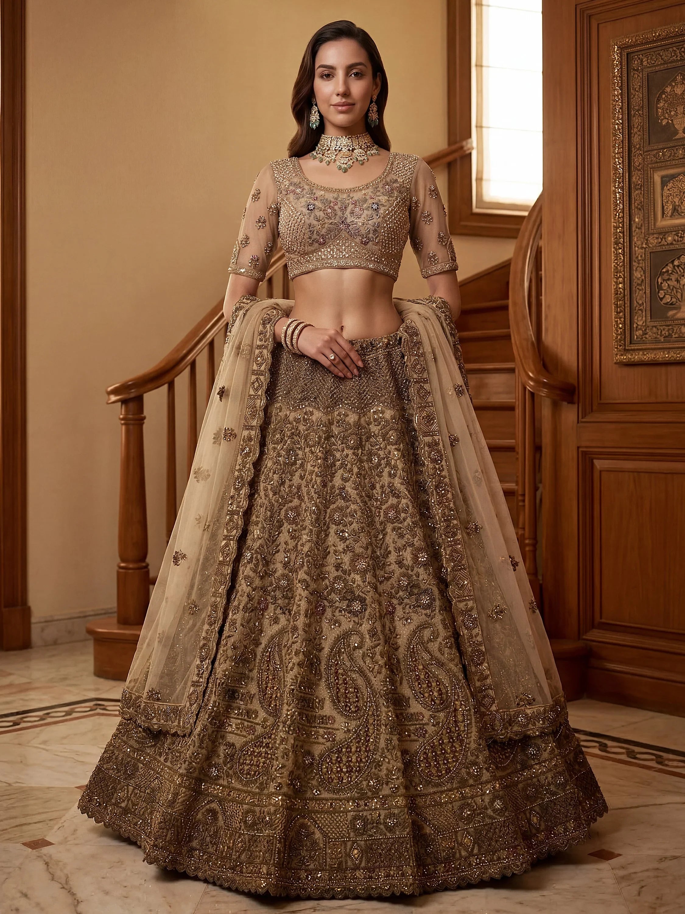 Beige Excellent Sequins Net Bridal Lehenga Choli With Dupatta