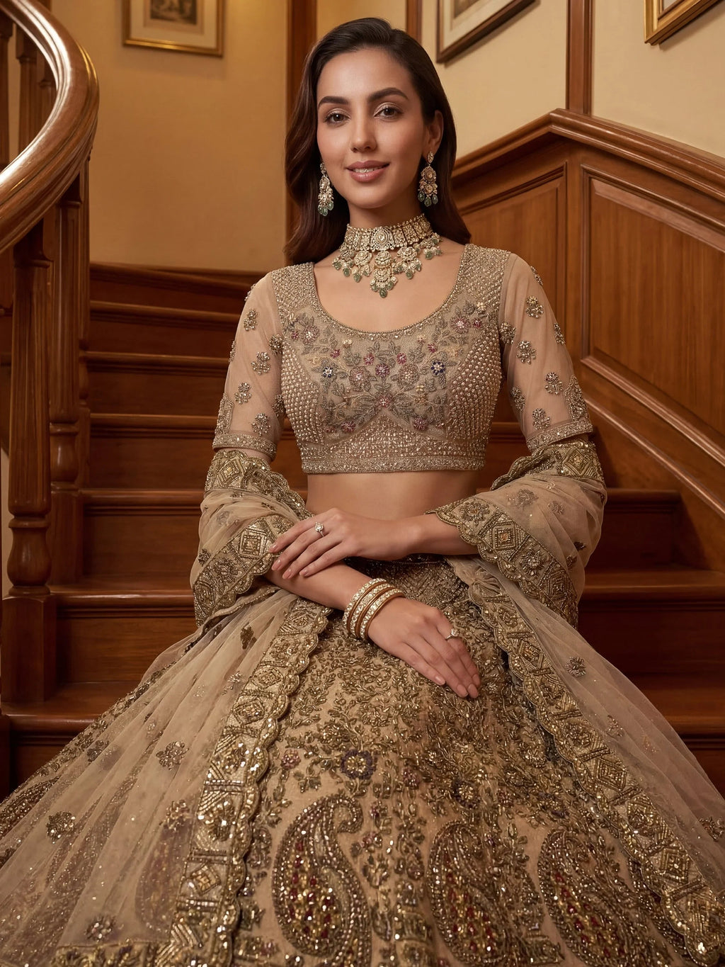 Beige Excellent Sequins Net Bridal Lehenga Choli With Dupatta