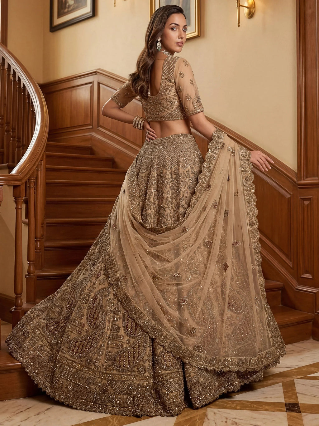 Beige Excellent Sequins Net Bridal Lehenga Choli With Dupatta