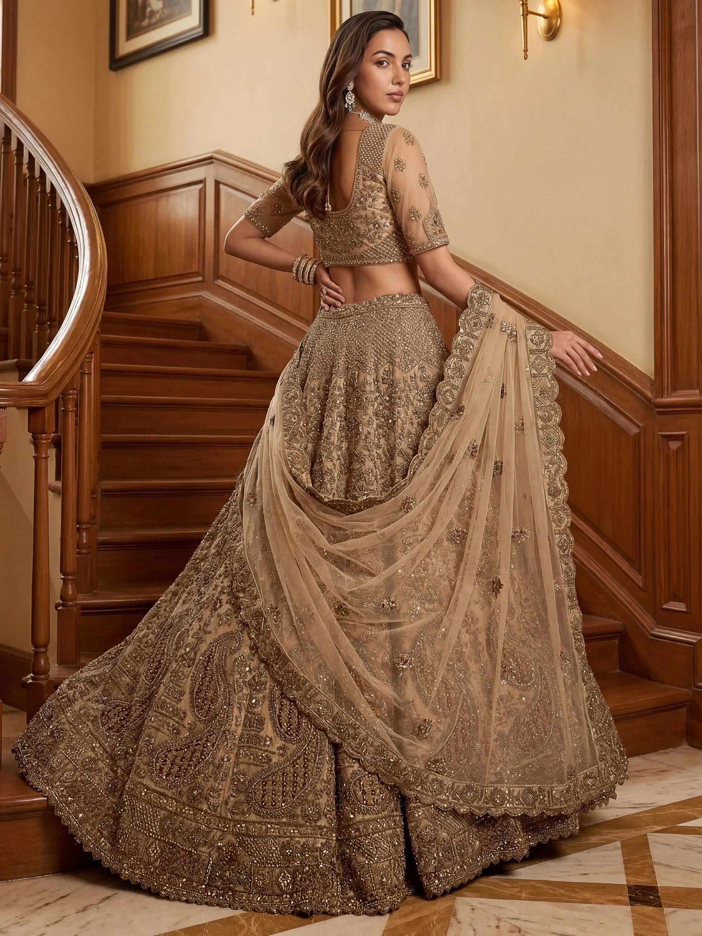 Beige Excellent Sequins Net Bridal Lehenga Choli With Dupatta