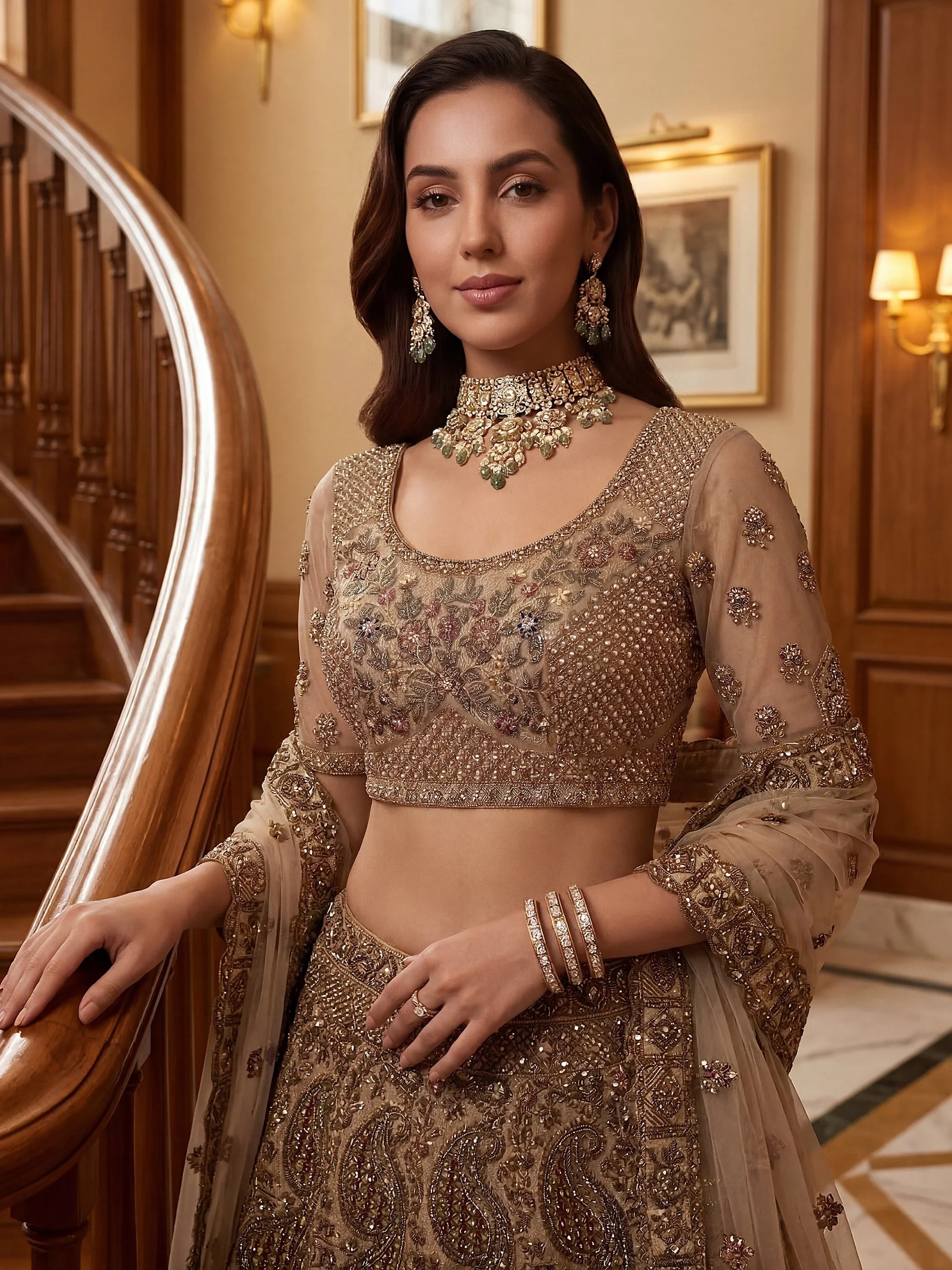 Beige Excellent Sequins Net Bridal Lehenga Choli With Dupatta