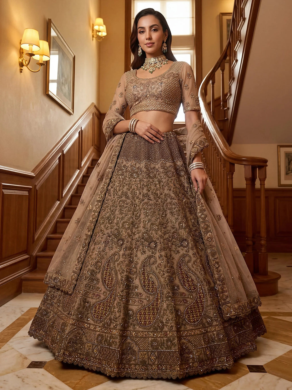 Beige Excellent Sequins Net Bridal Lehenga Choli With Dupatta